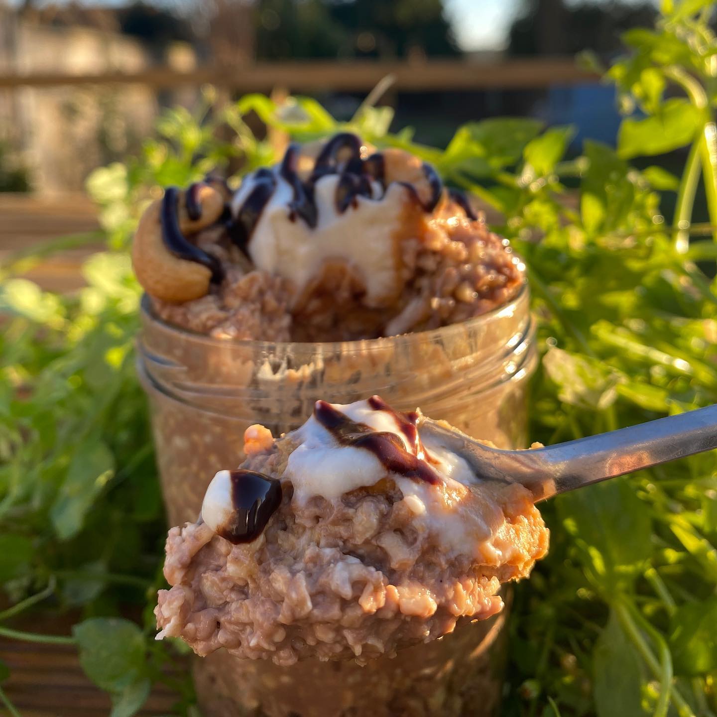 Chocolate and Nut Overnight Oats for Breakfast in the Sun