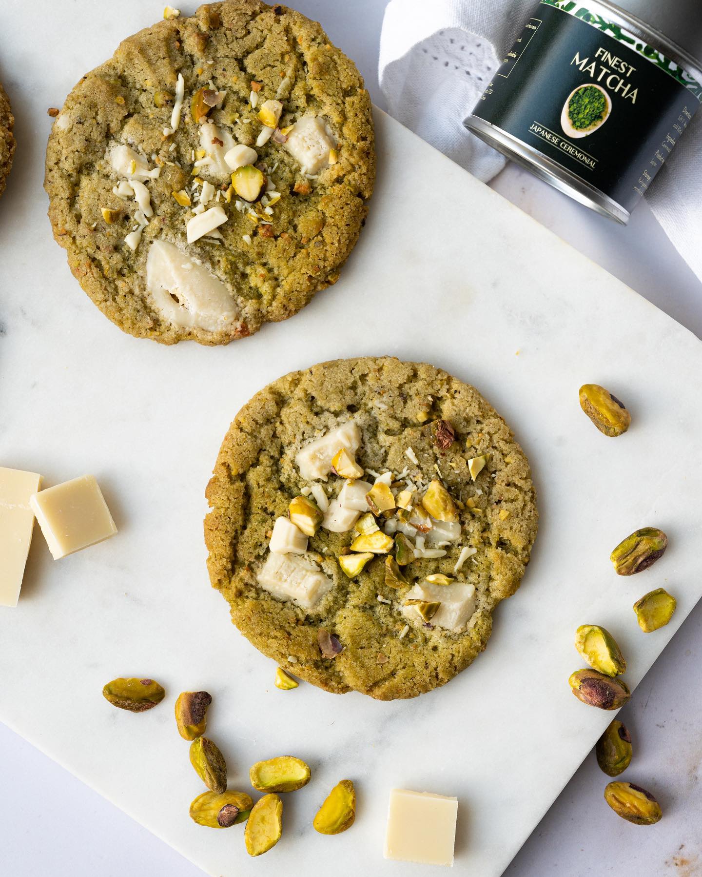 Matcha and Pistachio Cookies with White Chocolate