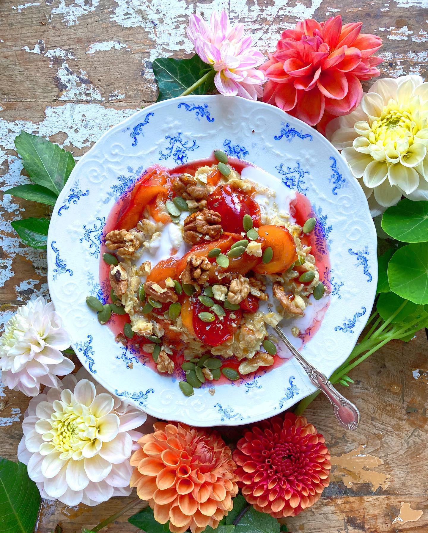 Sweet Cinnamon Oats with Stewed Plums and Walnuts