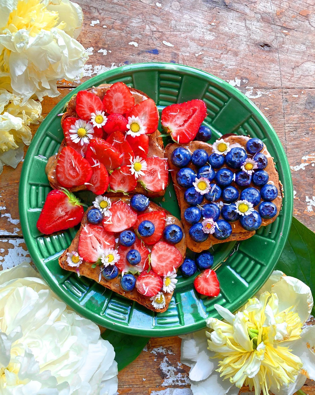 Almond Butter Toast with Fresh Berries and Daisies