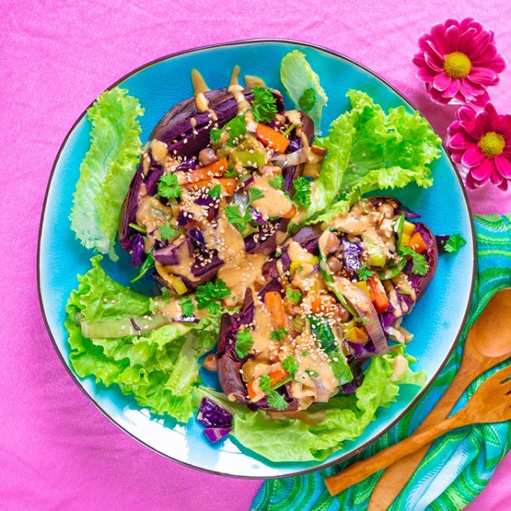 Baked Sweet Potato with Stir-Fried Veggies and Peanut Sauce