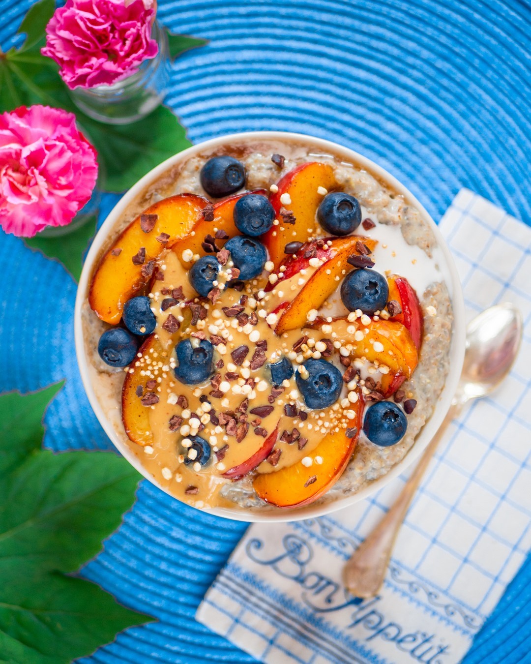 Maple Peach Porridge with Blueberries and Peanut Butter