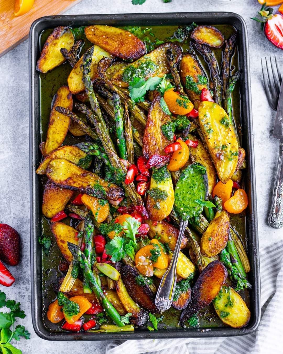 Oven Roasted Asparagus and Potato Dish with Coriander-Mint Dressing, Fresh Strawberries, and Tangelo
