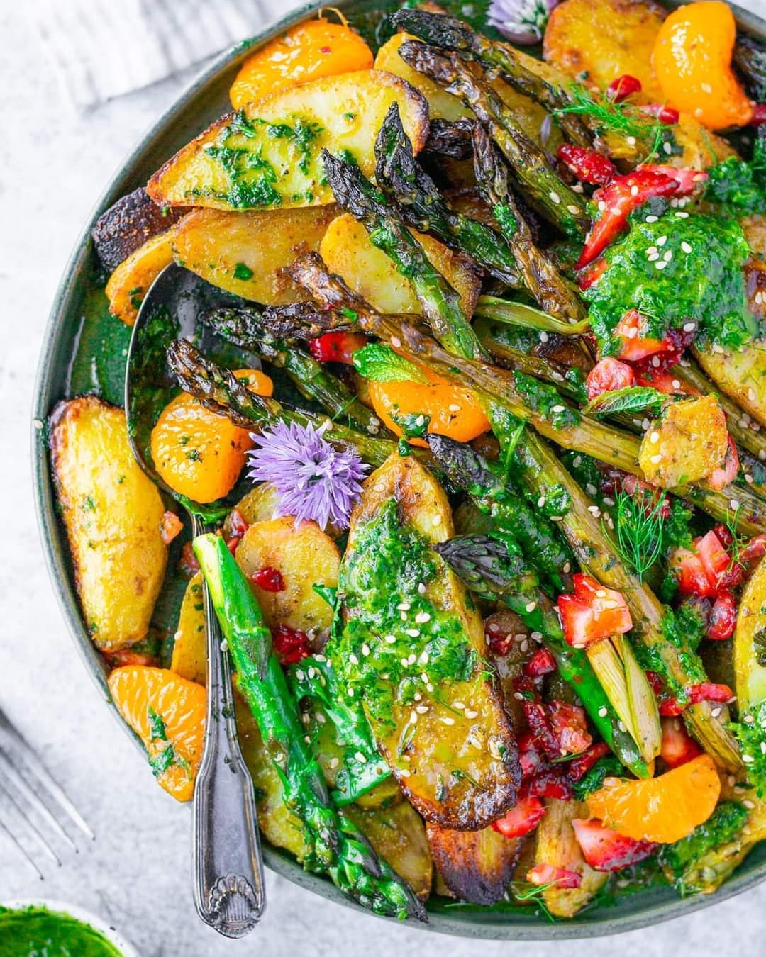 Oven Roasted Asparagus and Potato Dish with Coriander-Mint Dressing, Fresh Strawberries, and Tangelo