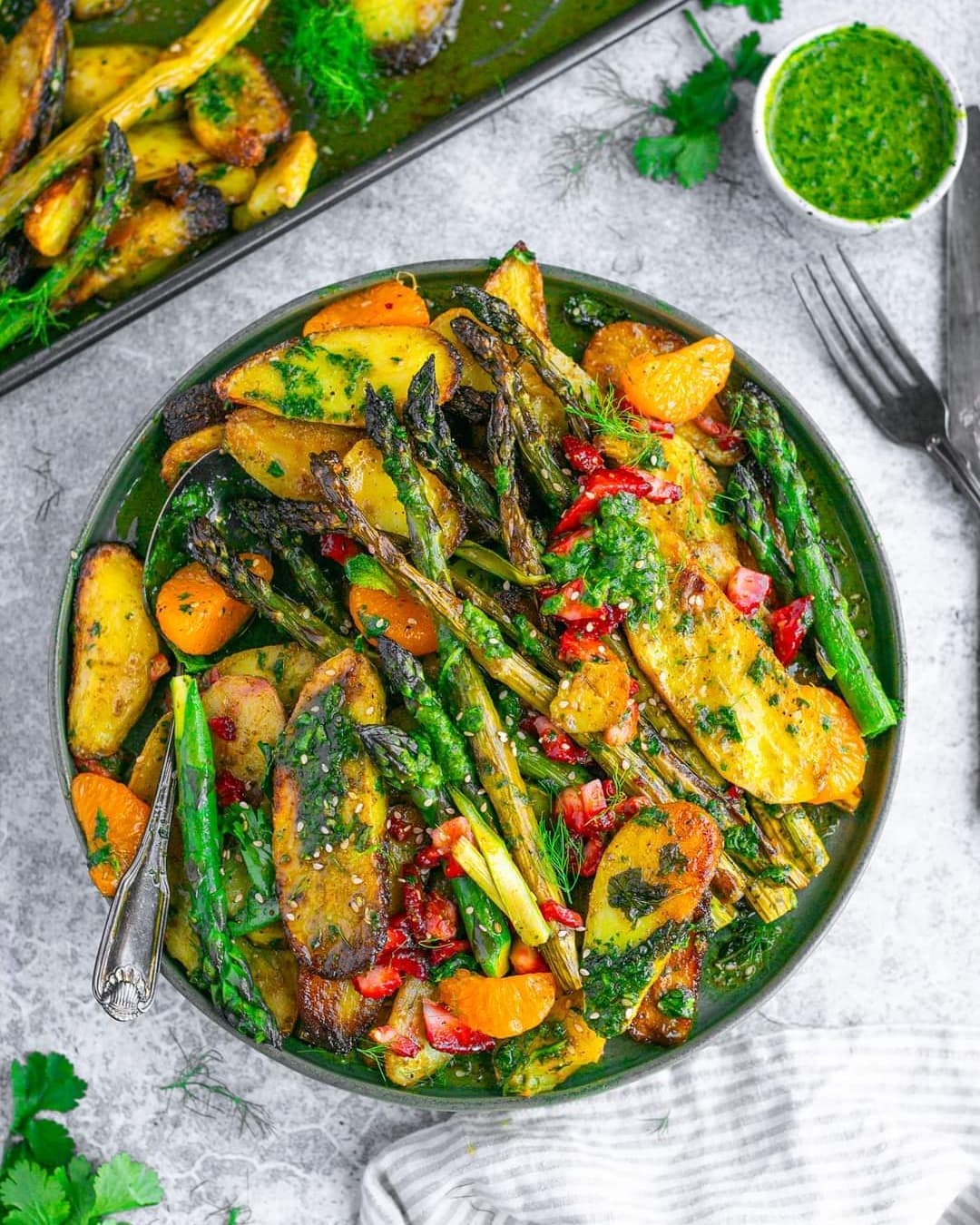 Oven Roasted Asparagus and Potato Dish with Coriander-Mint Dressing, Fresh Strawberries, and Tangelo