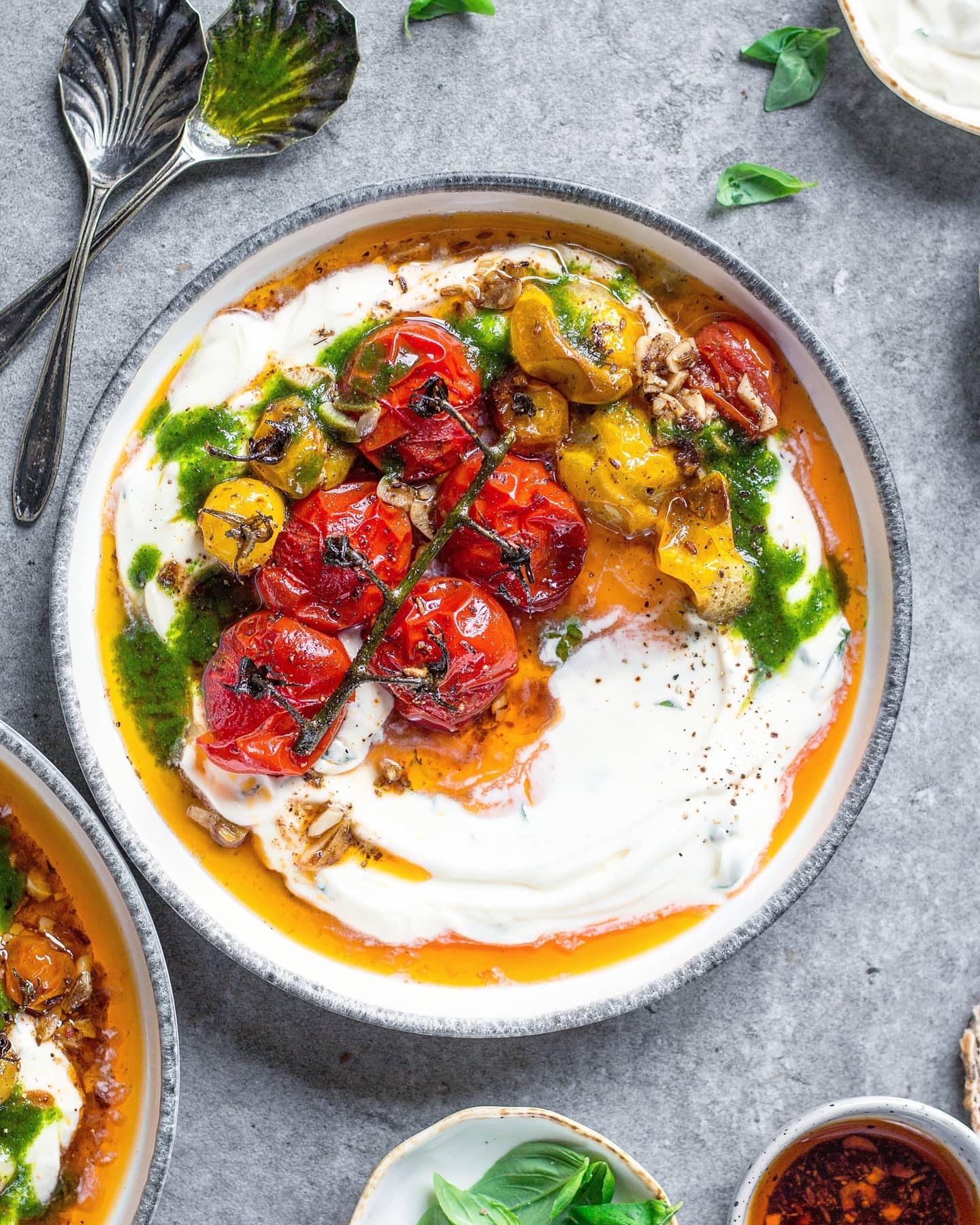 Roasted Tomato Salad with Coriander Dressing and Hung Yogurt