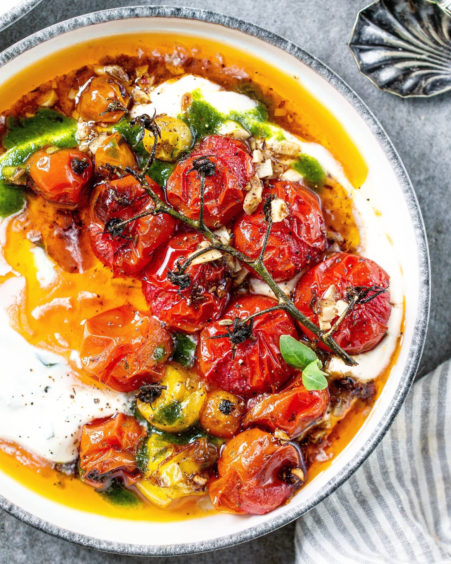 Roasted Tomato Salad with Coriander Dressing and Hung Yogurt