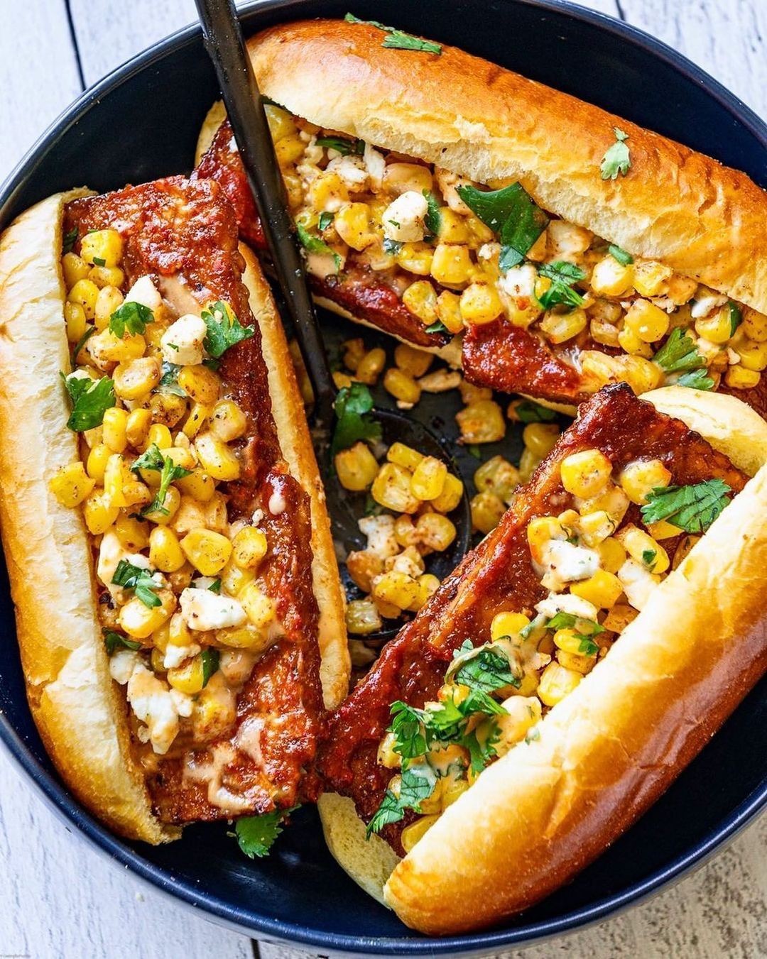 Vegan Tempeh Rib Sandwich with Street Corn