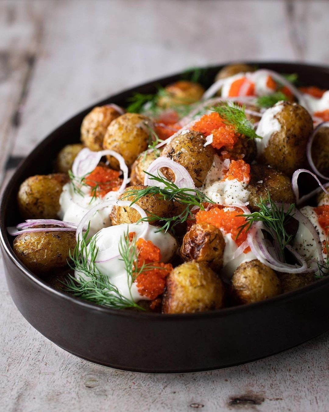 Vegan Buttery Dill Roasted Swedish New Potatoes with Lemony Oat Fraiche, Seaweed Caviar & Red Onions