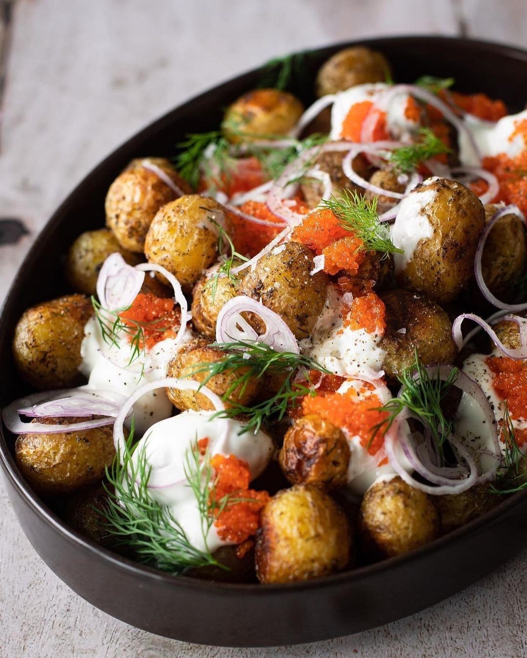 Vegan Buttery Dill Roasted Swedish New Potatoes with Lemony Oat Fraiche, Seaweed Caviar & Red Onions