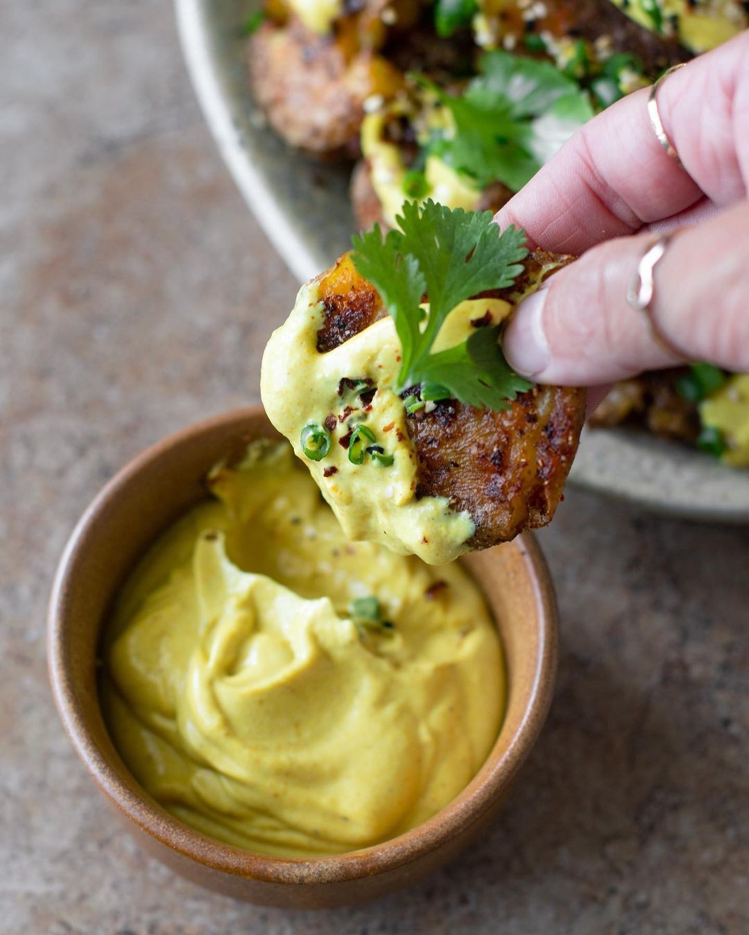 Crispy Smashed New Potatoes with Curry & Tahini Dip