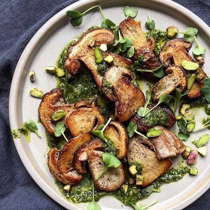 Grilled Porcini with Pesto and Pistachios