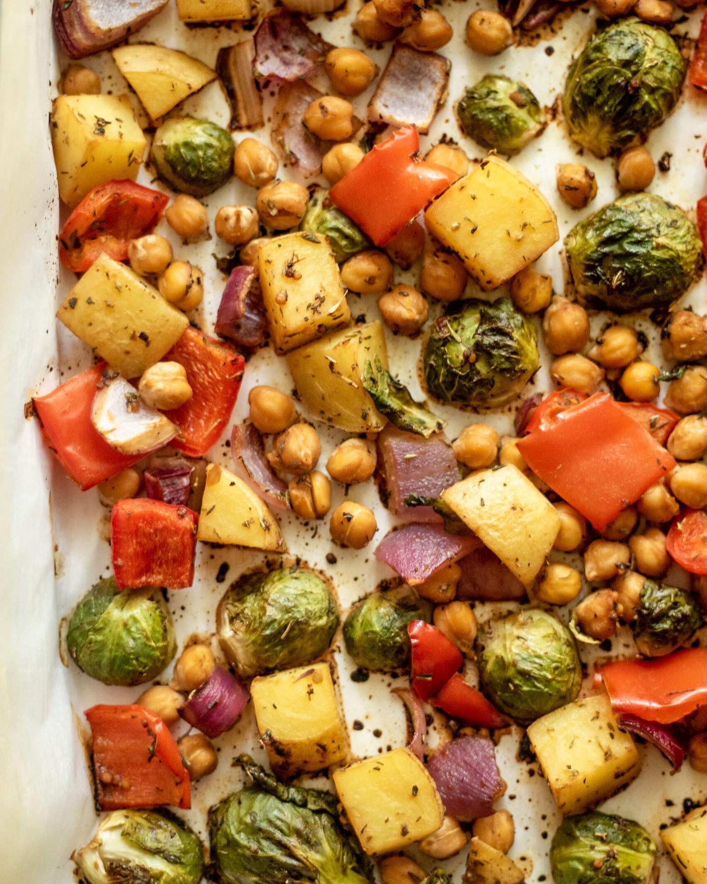 Maple Balsamic Roasted Brussels Sprouts and Chickpeas
