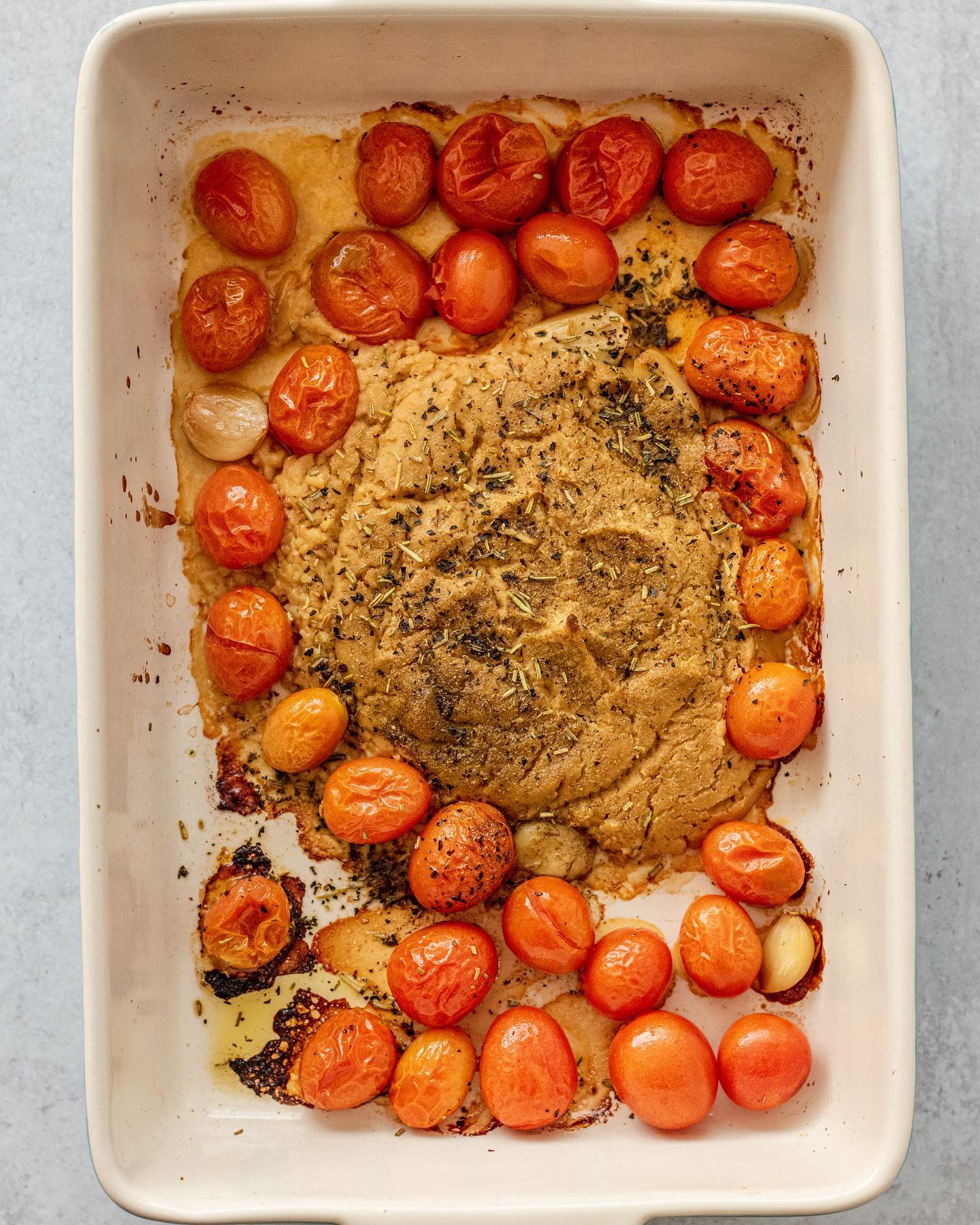 Baked Hummus Pasta with Tomatoes and Basil