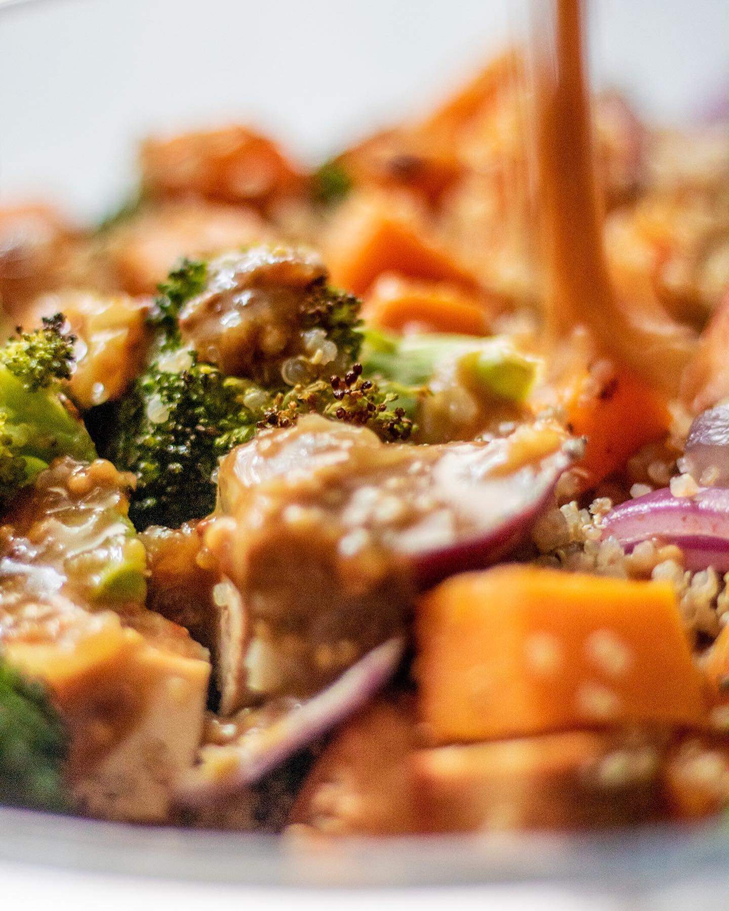 Roasted Butternut Squash Quinoa Nourish Bowl with Hot "Honey" Mustard Dressing