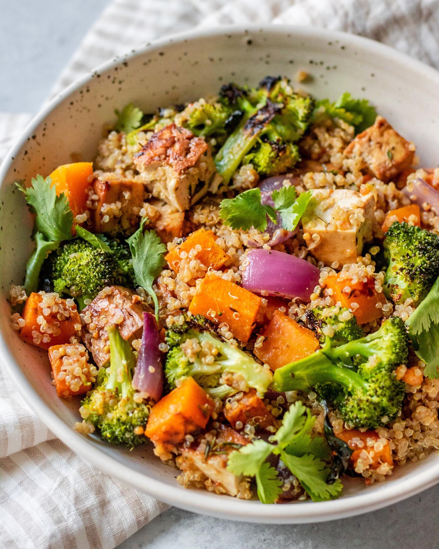 Roasted Butternut Squash Quinoa Nourish Bowl with Hot "Honey" Mustard Dressing