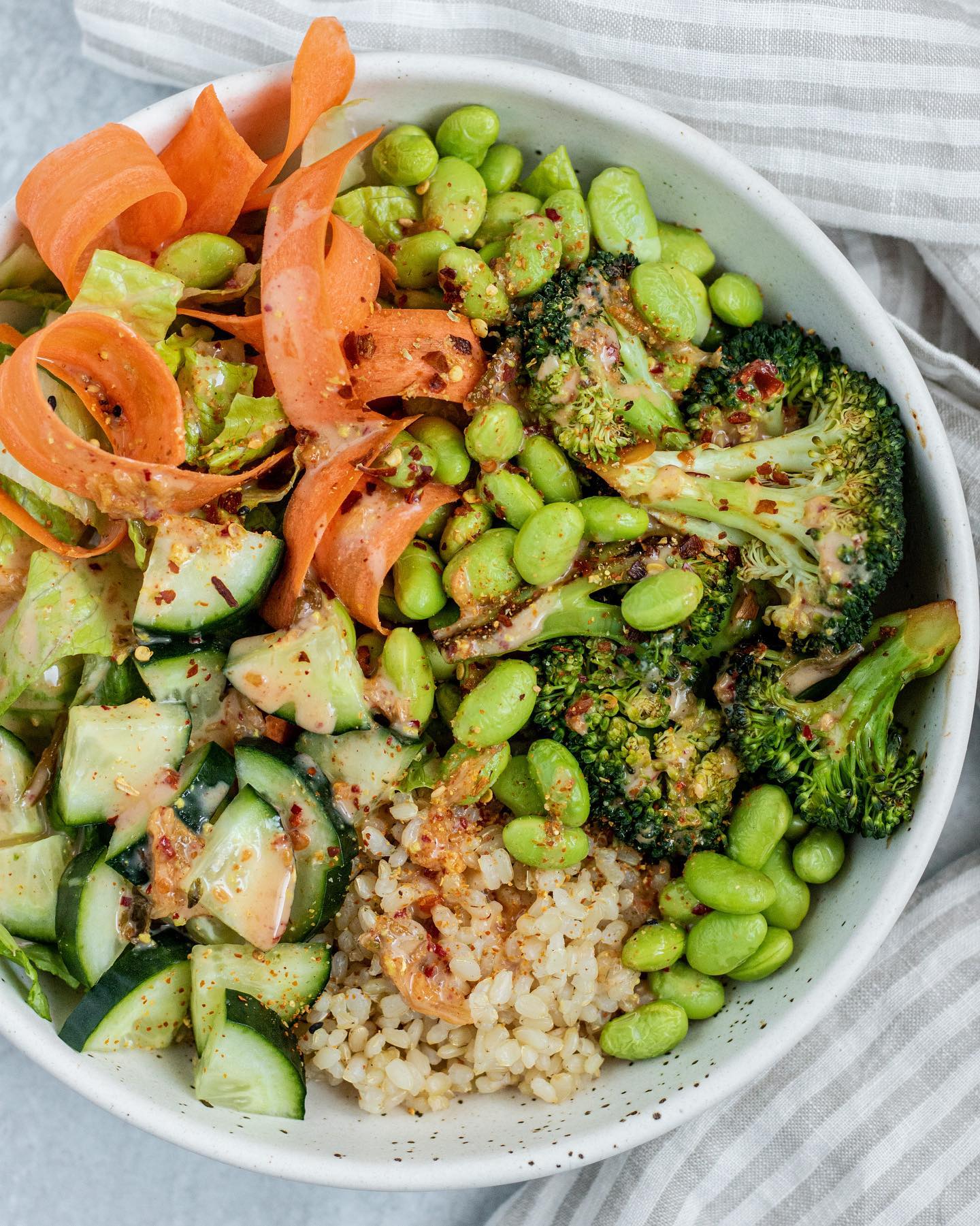 Warm Edamame Nourish Bowl with Garlic Chili Mayo
