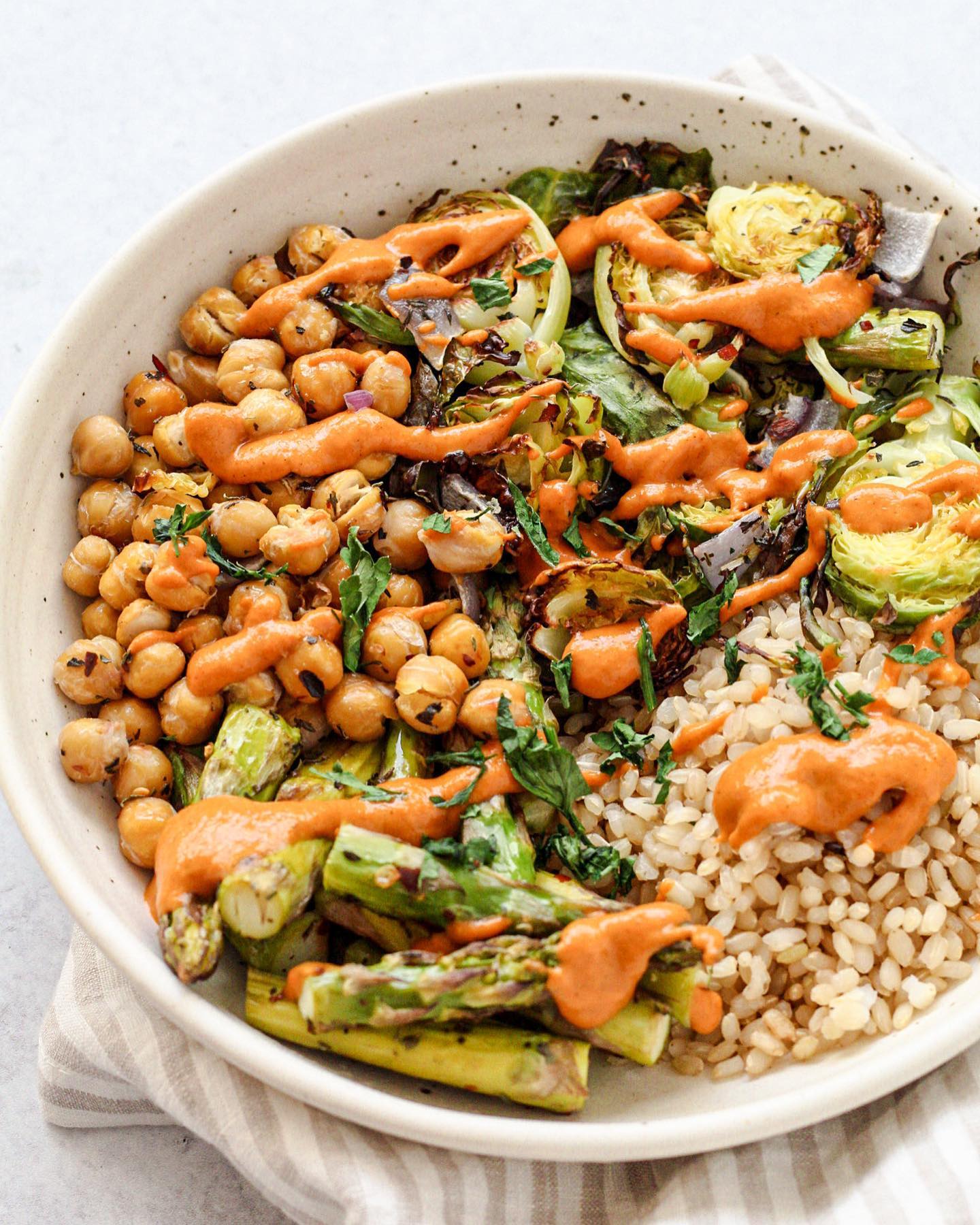 Garlicky Roasted Veggie Bowl with Red Pepper Sauce