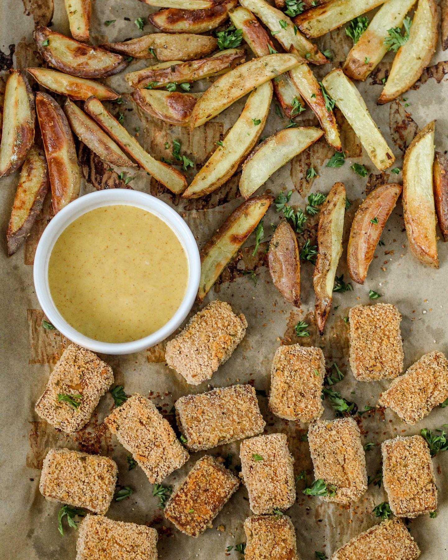 Tofu Tenders with Oven-Baked Fries and Maple Mustard Dip