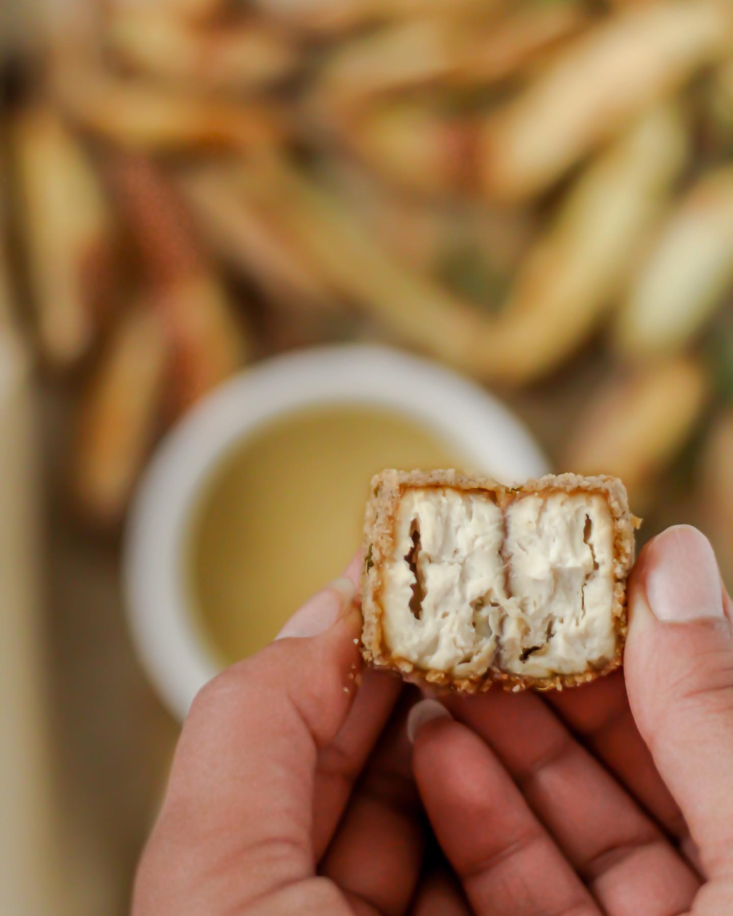 Tofu Tenders with Oven-Baked Fries and Maple Mustard Dip