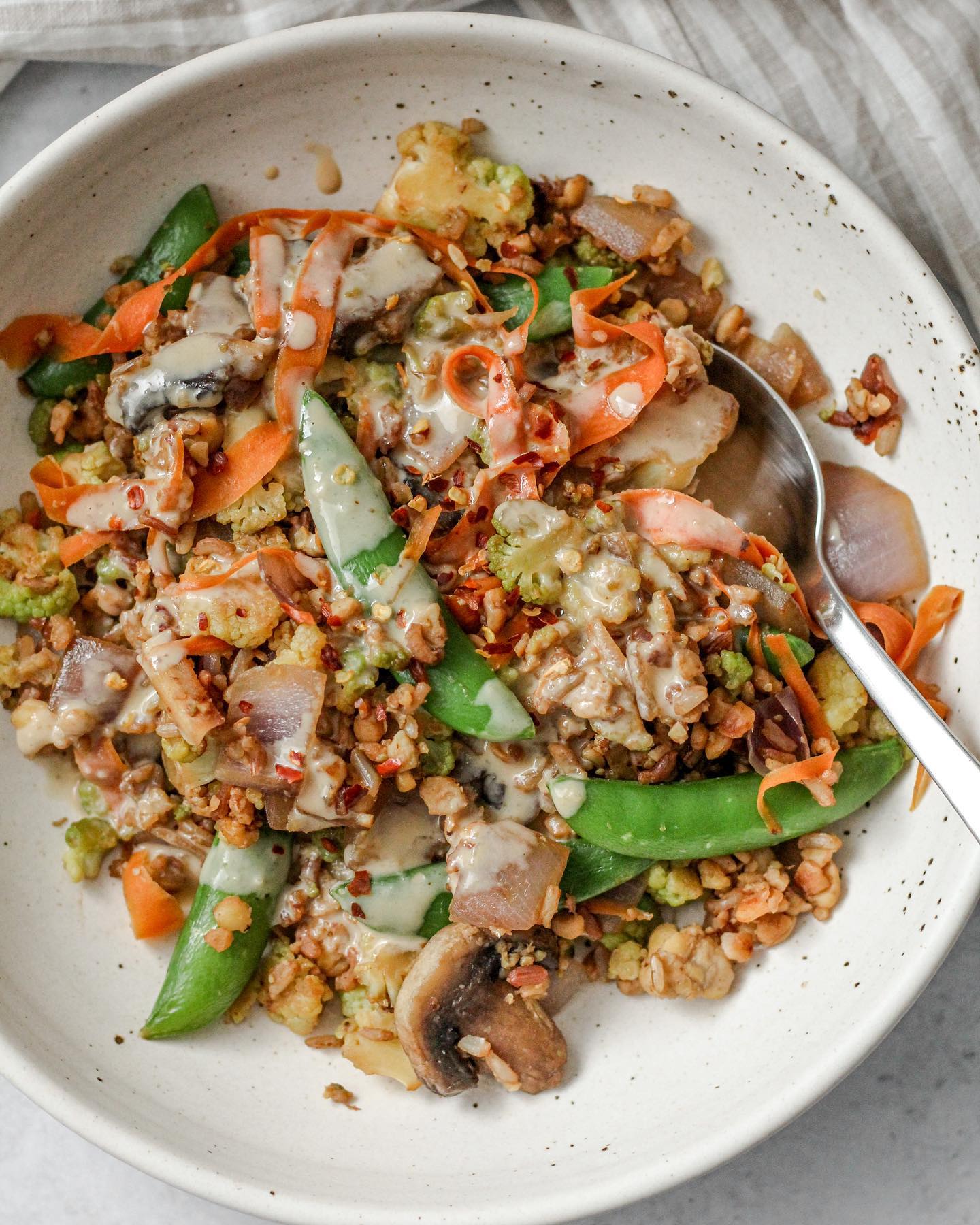 Vegetable Tempeh Fried Rice with Miso Tahini Drizzle