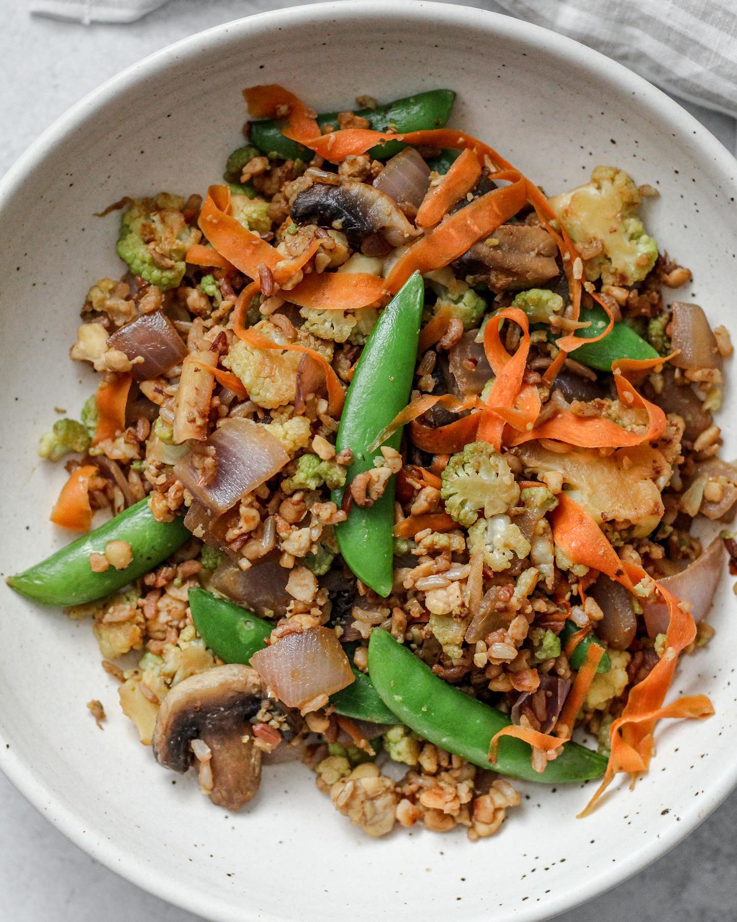 Vegetable Tempeh Fried Rice with Miso Tahini Drizzle