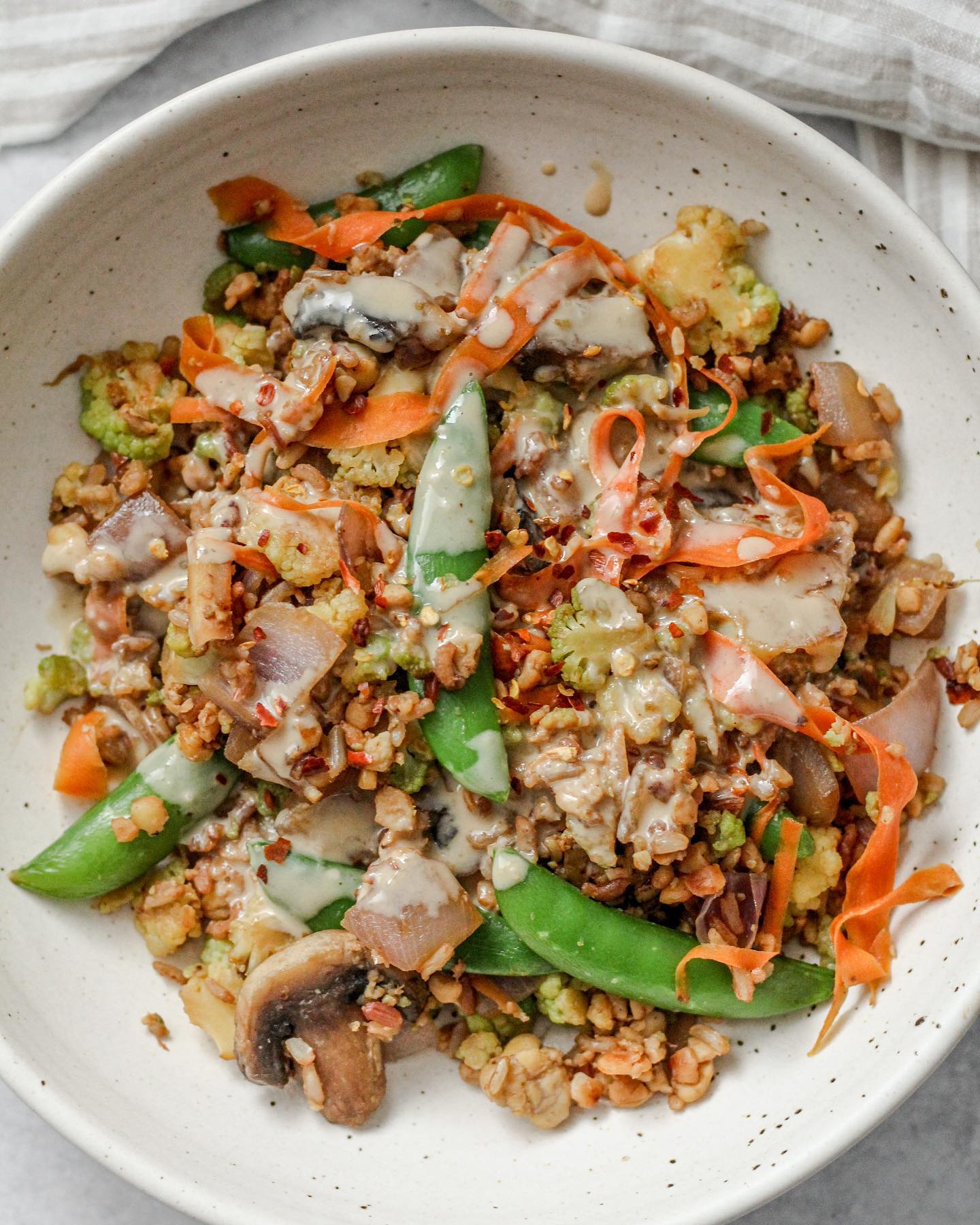 Vegetable Tempeh Fried Rice with Miso Tahini Drizzle