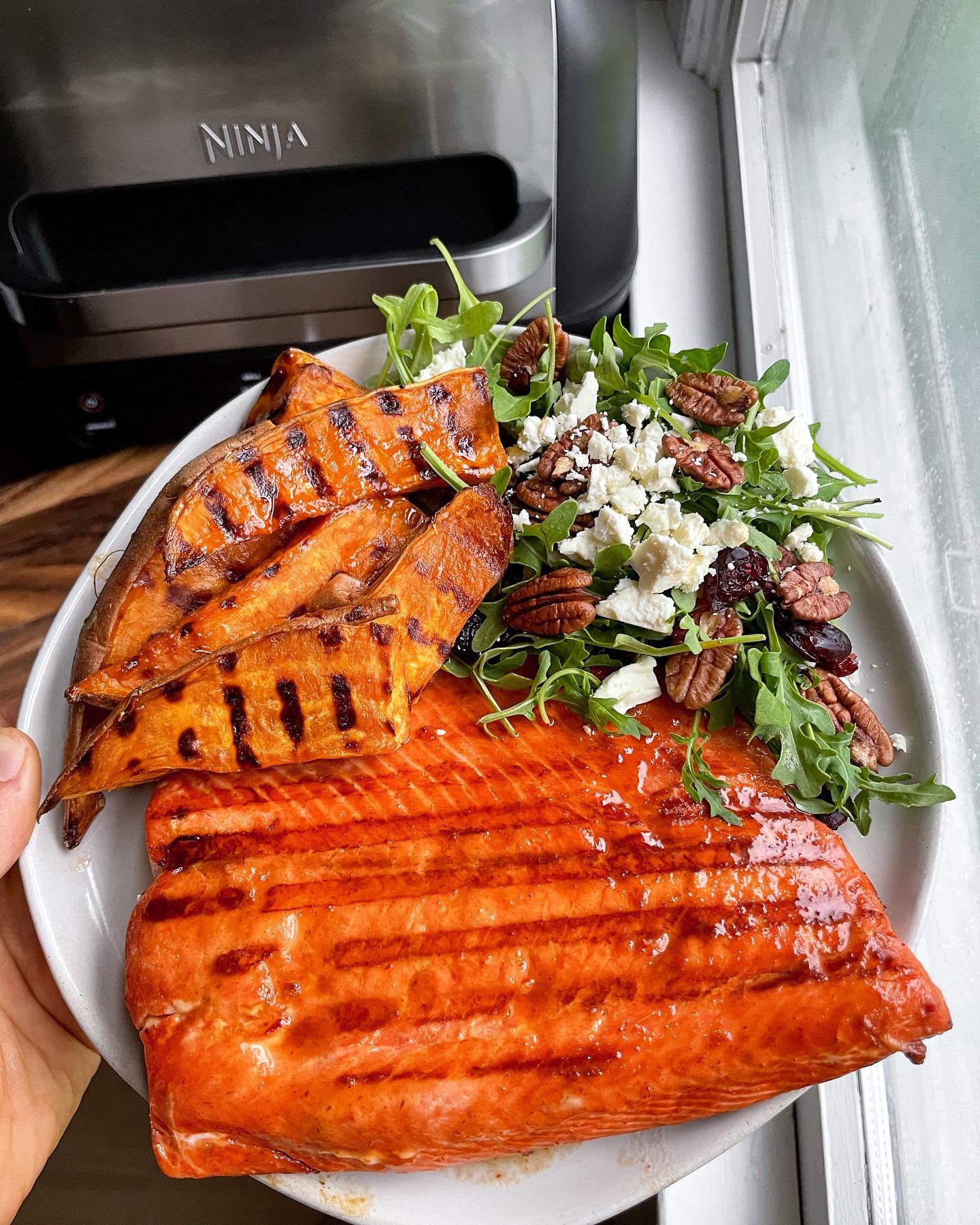 Grilled Maple Sriracha Salmon & Maple Sweet Potato Fries