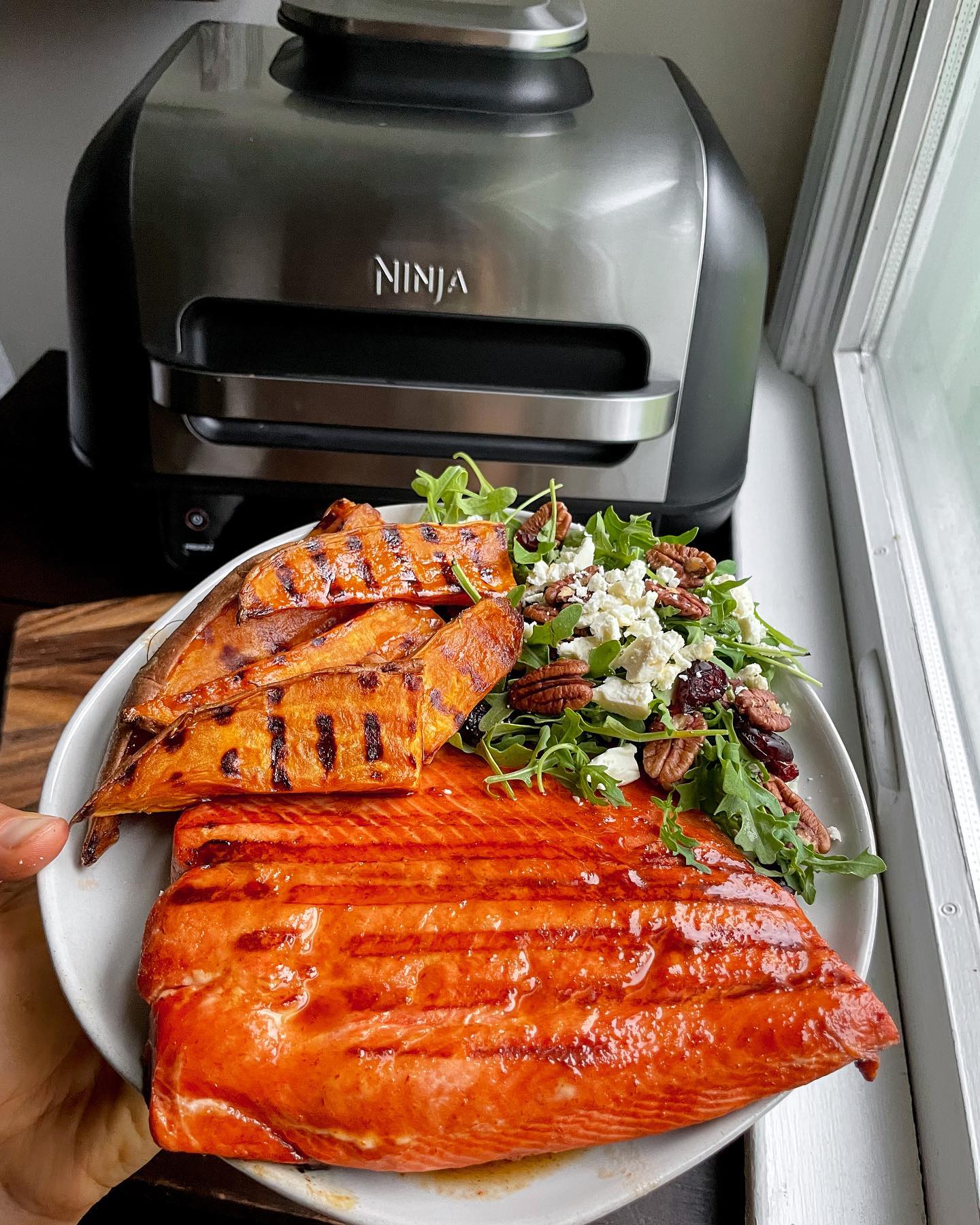 Grilled Maple Sriracha Salmon & Maple Sweet Potato Fries