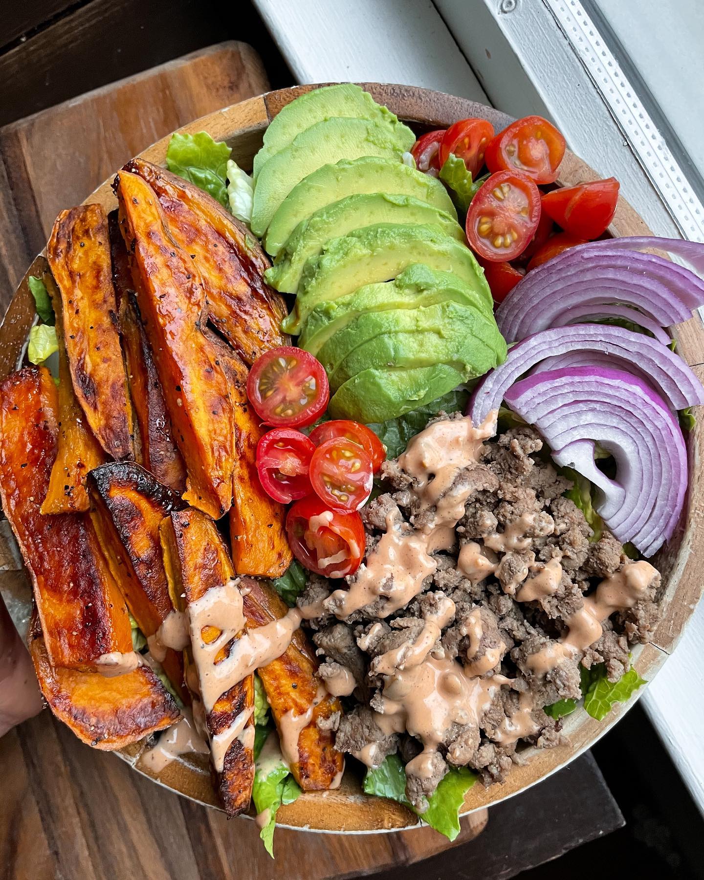 Burger Bowls with Sweet Potato Fries and Burger Sauce