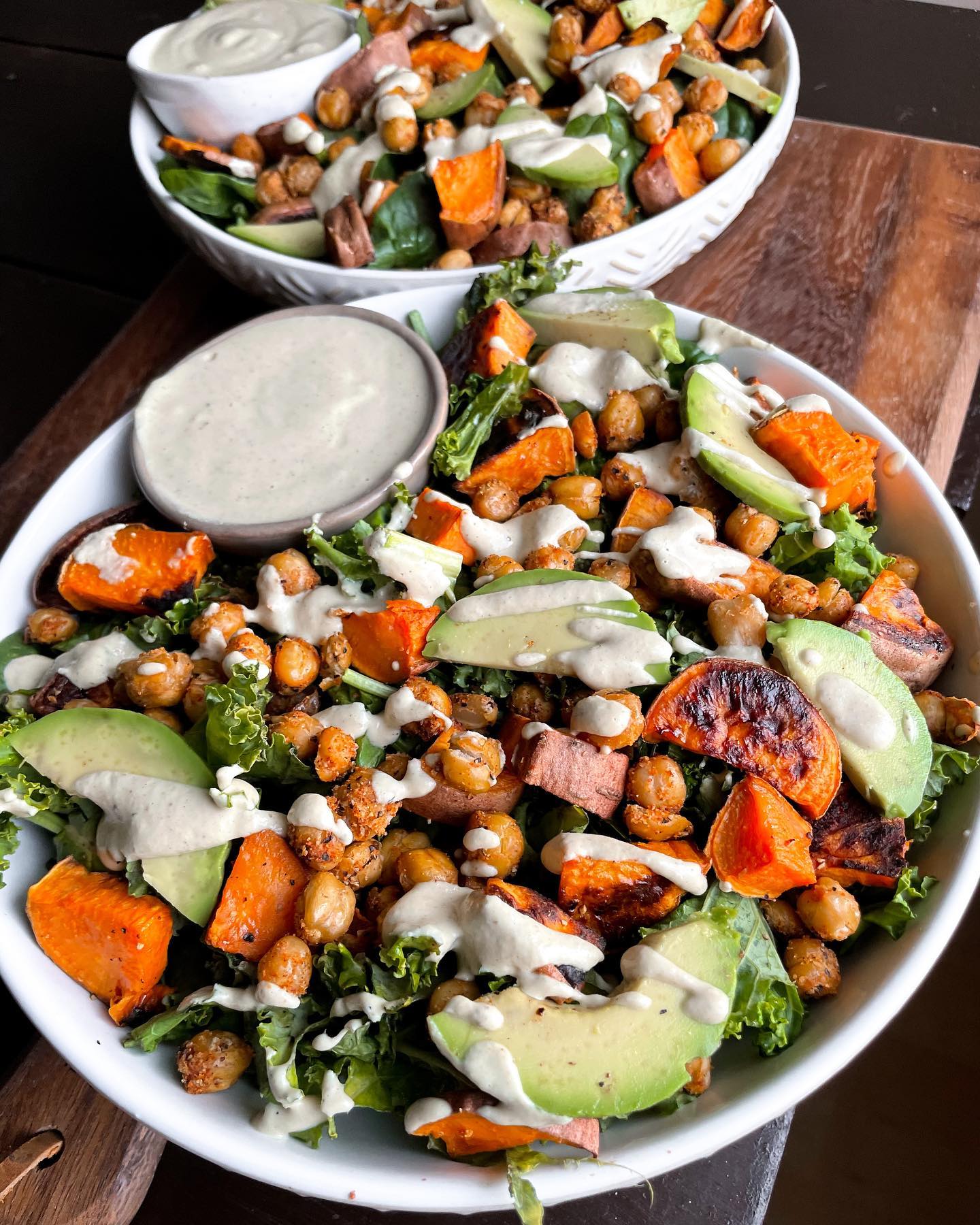 Vegan Caesar Salad with Roasted Chickpeas & Sweet Potatoes