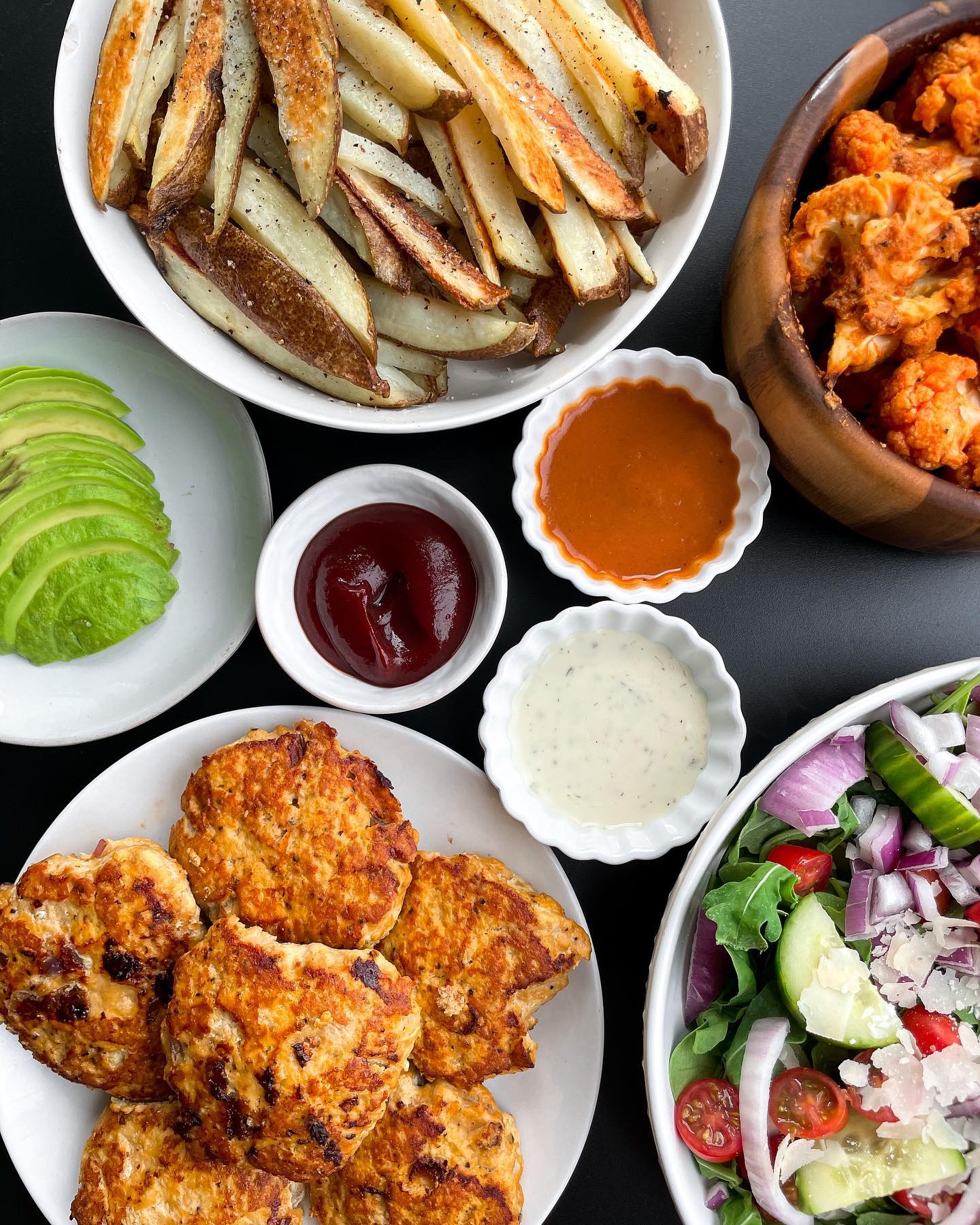 Spicy Buffalo Chicken Burgers & Baked Fries