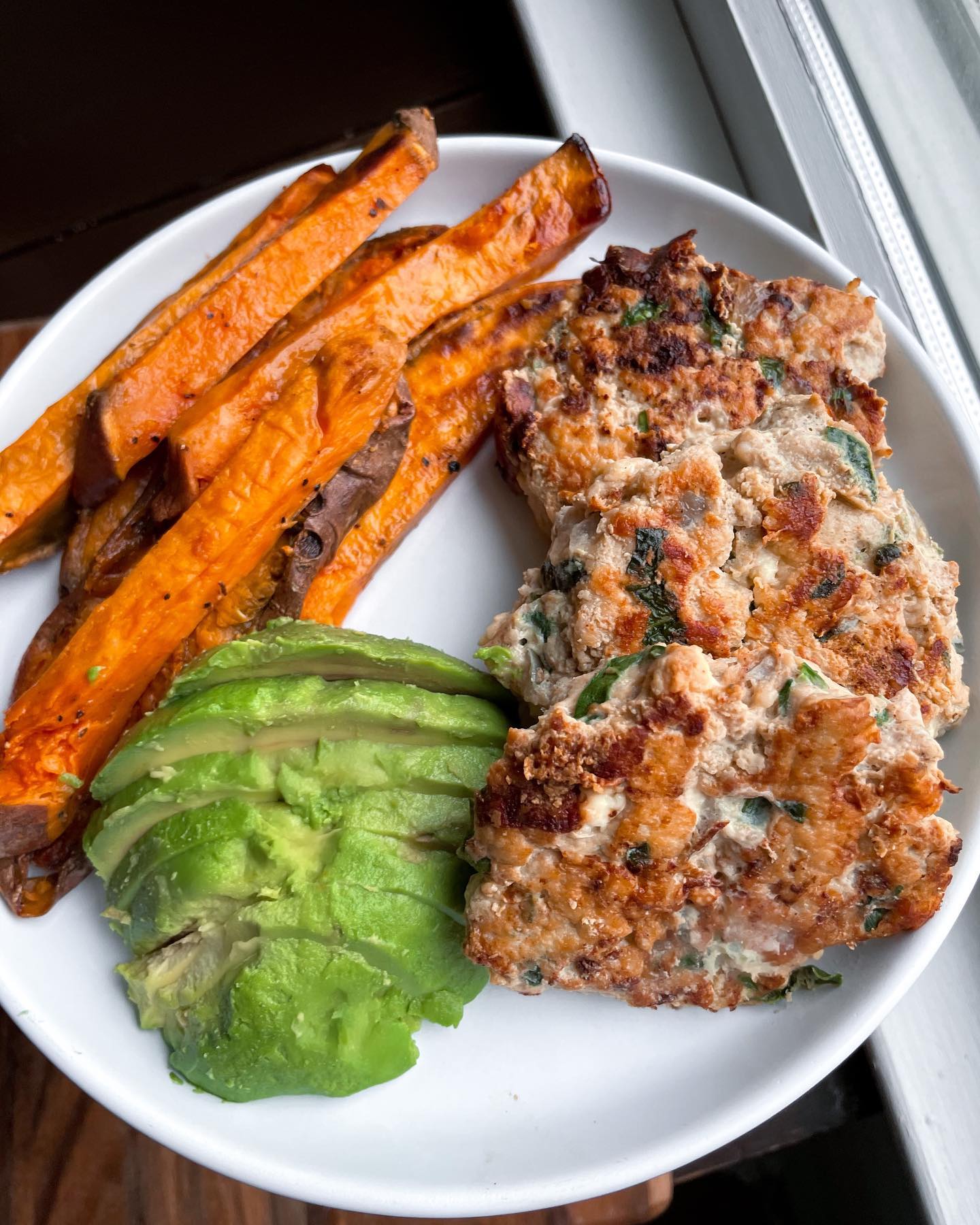 Spinach and Feta Chicken Burgers with Sweet Potato Fries