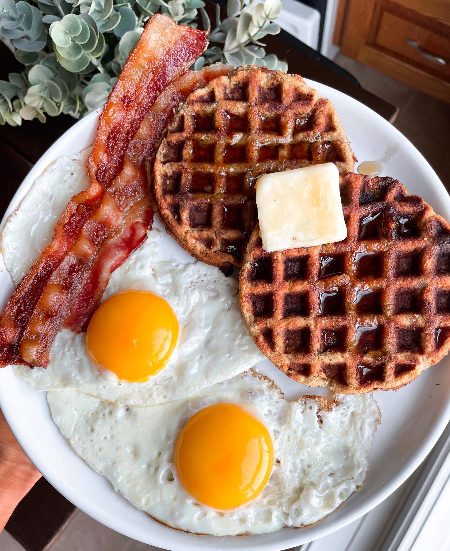 Banana Coconut Flour Waffles with Eggs and Bacon