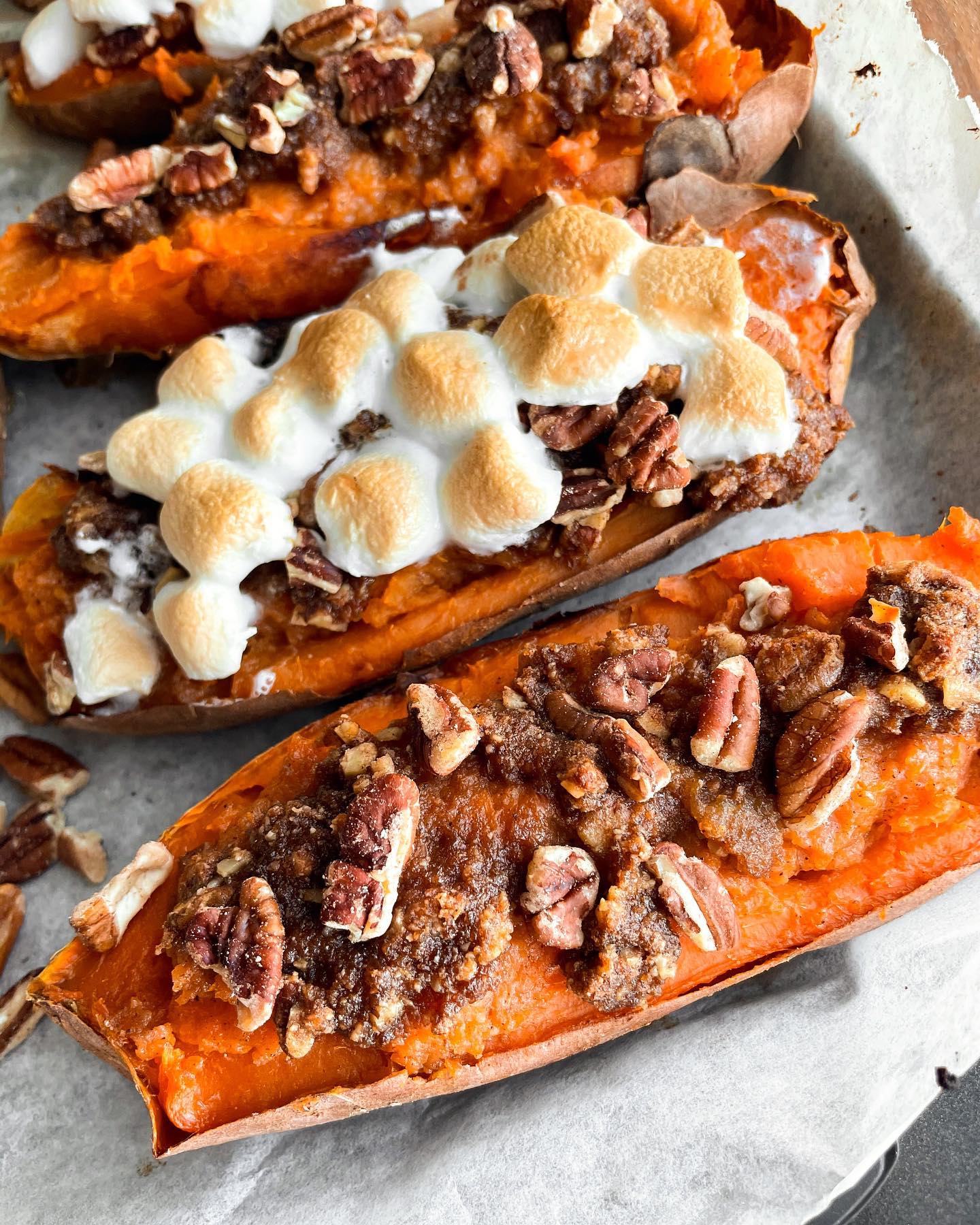 Twice Baked Sweet Potatoes with Pecan Topping