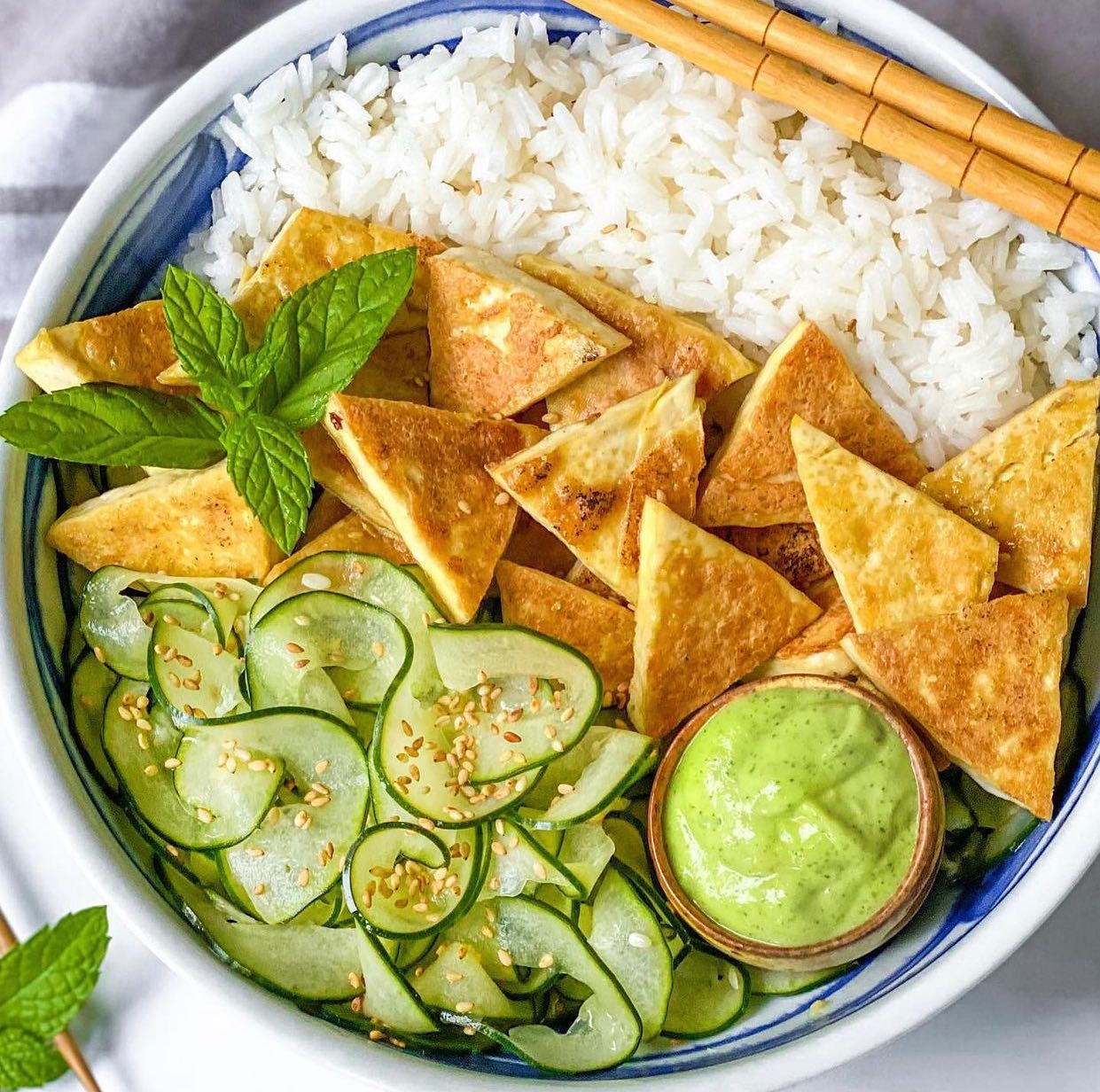 Crispy Tofu with Cucumber Salad and Wasabi Avocado Dressing