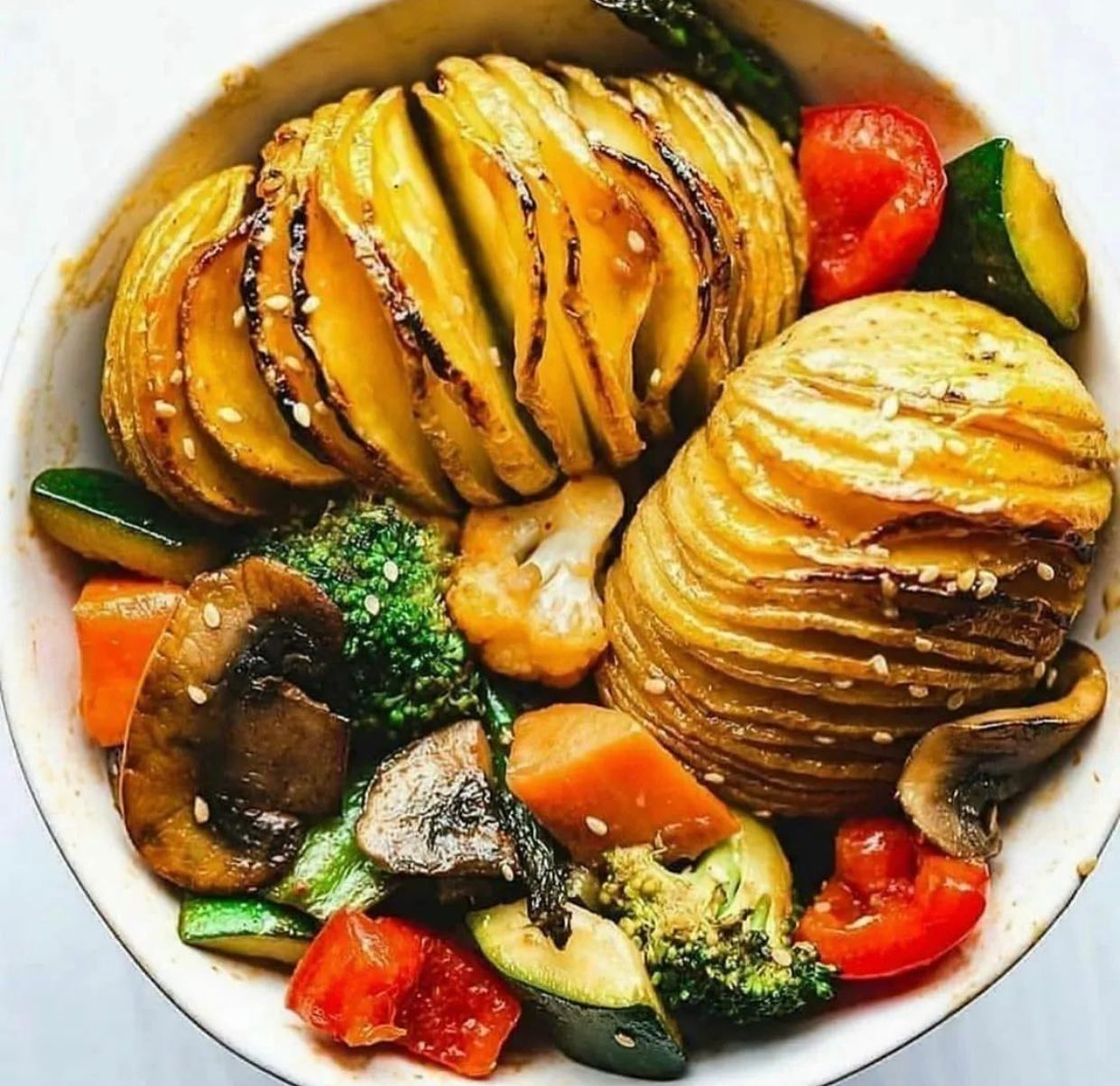 Miso-Glazed Hasselback Potatoes with Vegetables