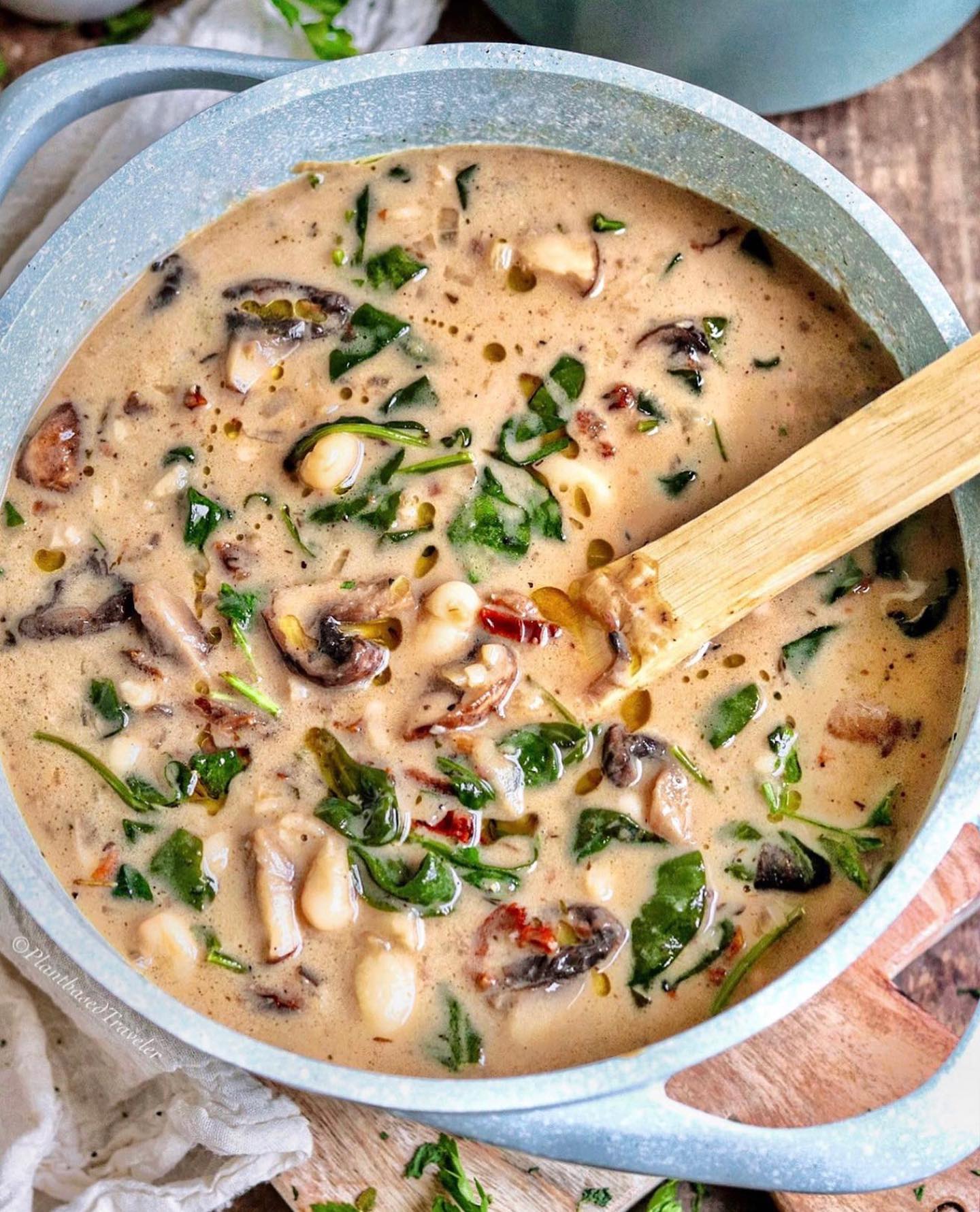 Creamy Mushrooms with Sun-Dried Tomatoes, Spinach, and White Beans