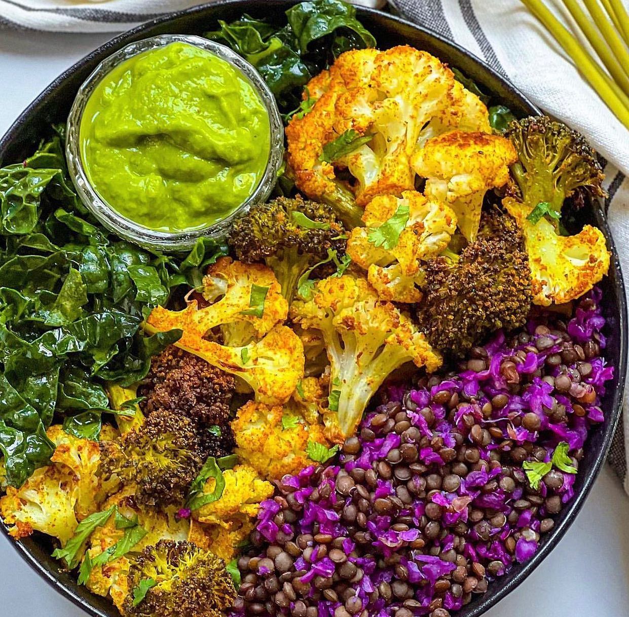 Curry Roasted Veggie Bowl with Black Lentils and Cucumber Lime Chutney