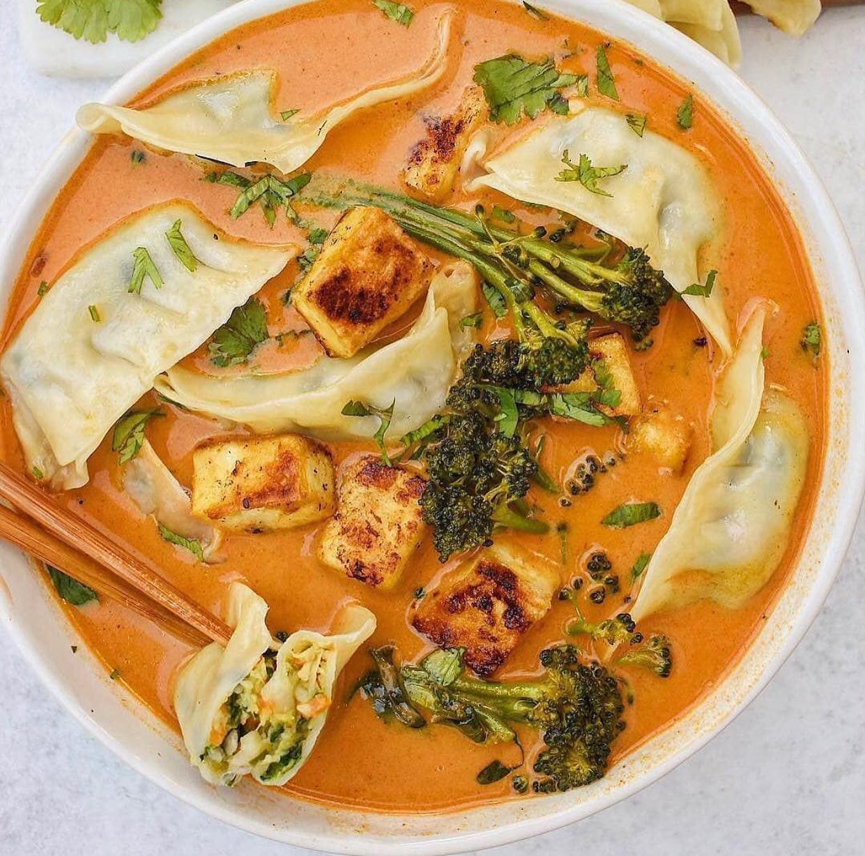 Creamy Red Curry with Veggie Gyoza