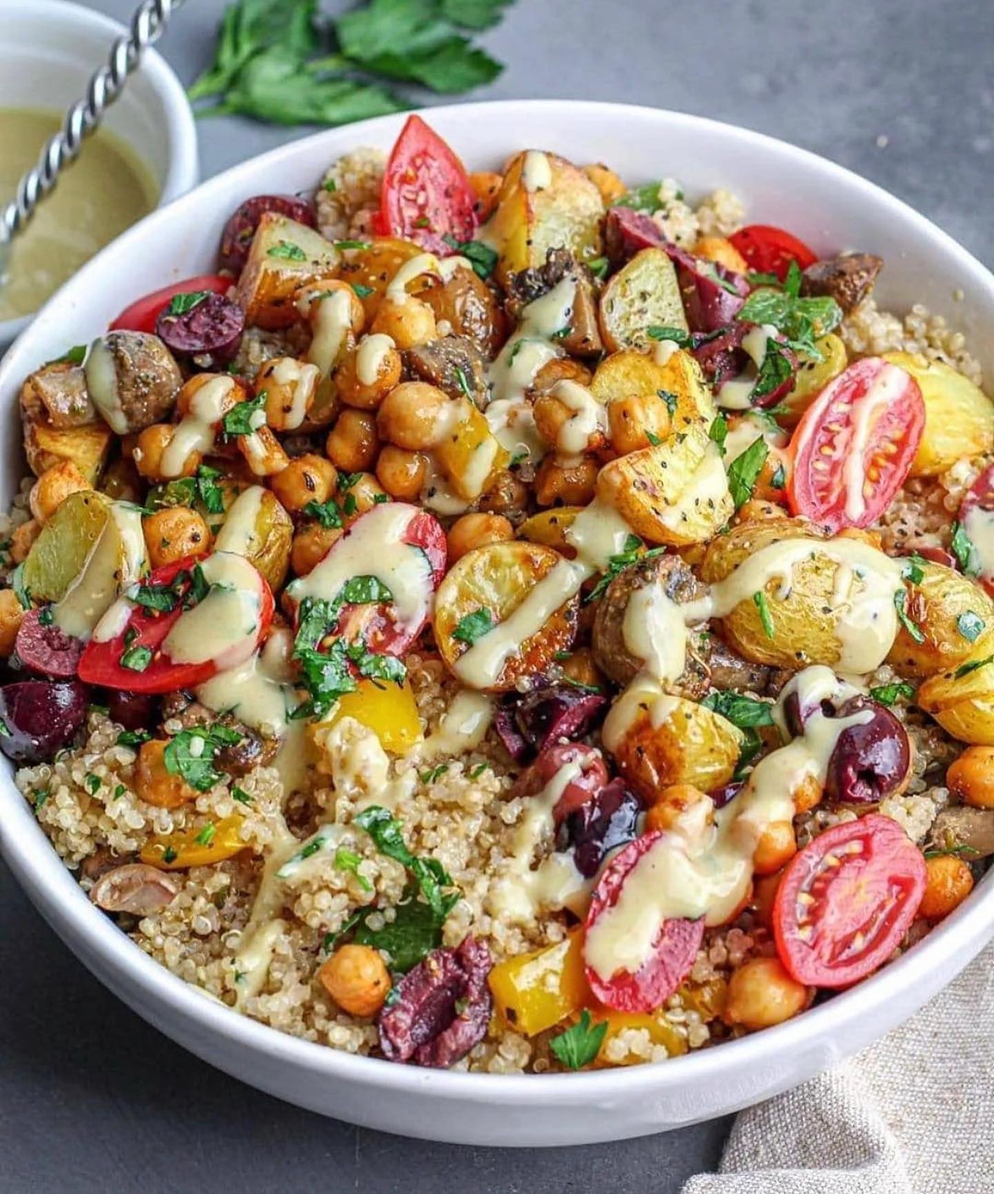 Roasted Potato and Chickpea Quinoa Salad with Vegan Dressing