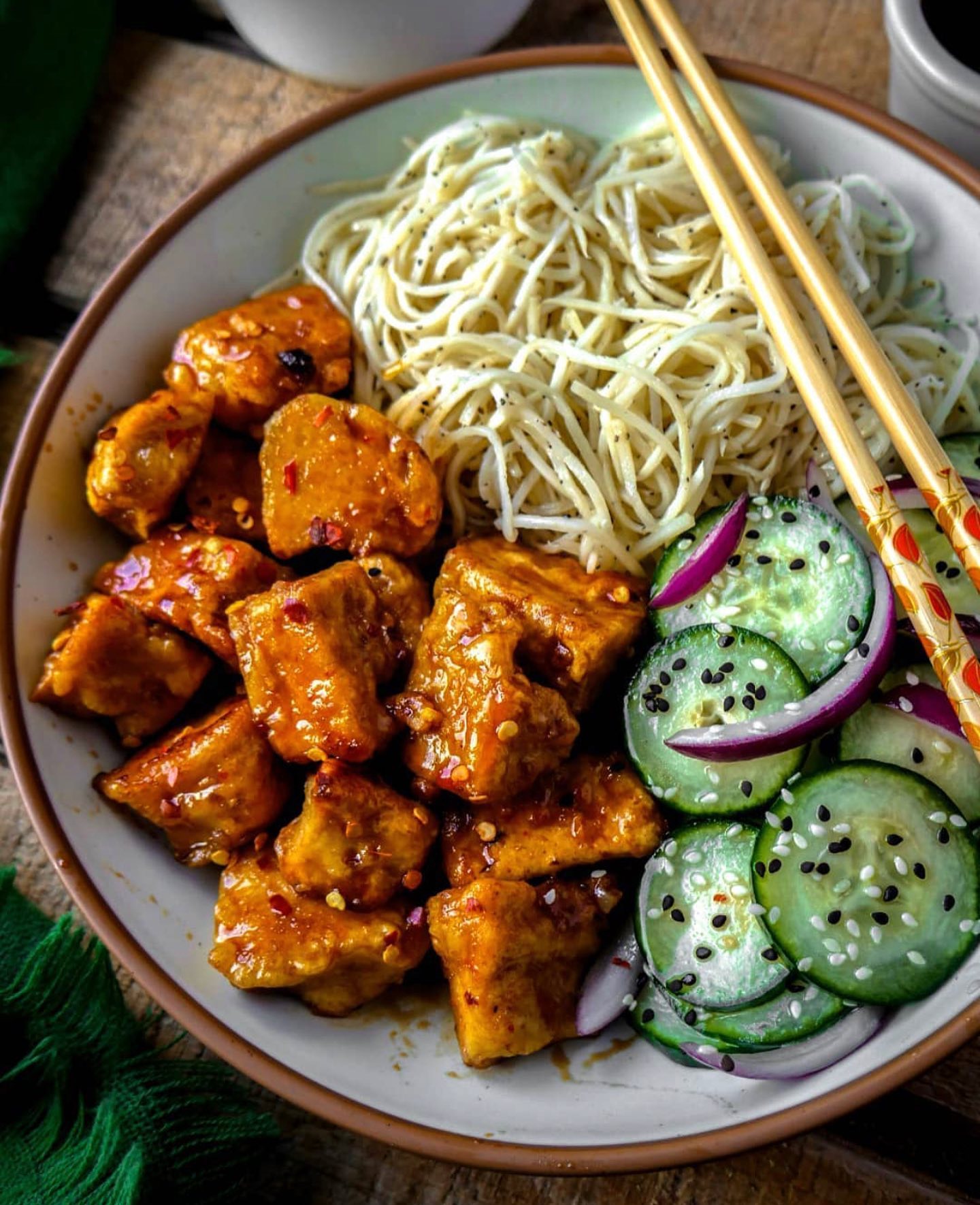 Pasta Bowl with Sweet Chili Tofu and Cucumber Salad