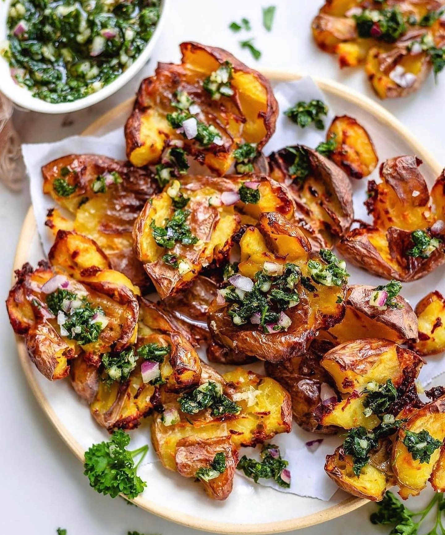 Crispy Smashed Potatoes with Chimichurri Drizzle