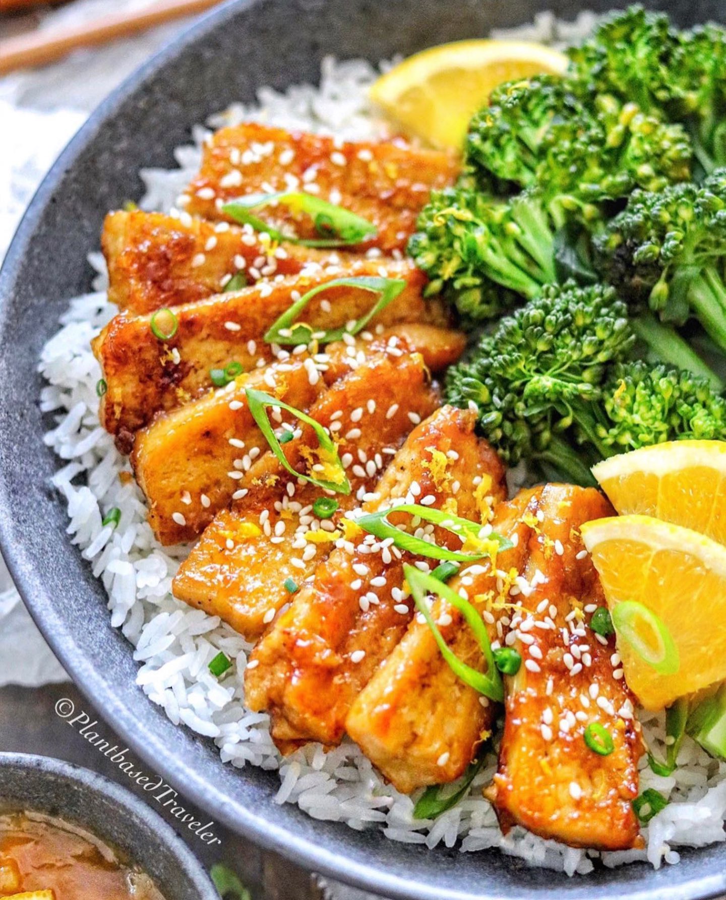 Sticky Orange Tofu Strips with Broccolini and Rice
