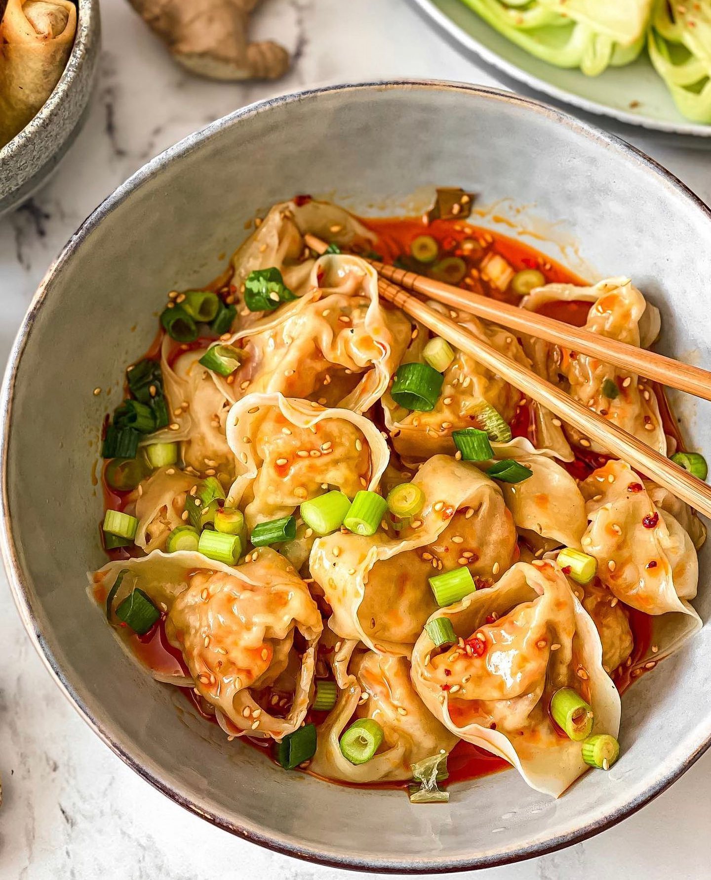 Veggie Wontons in Chili Oil