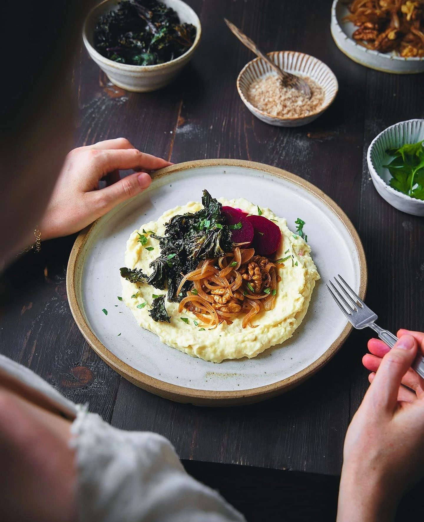 Creamy Potato and Bean Mash with Pickled Beets, Fried Onions, Walnuts, and Crispy Kale