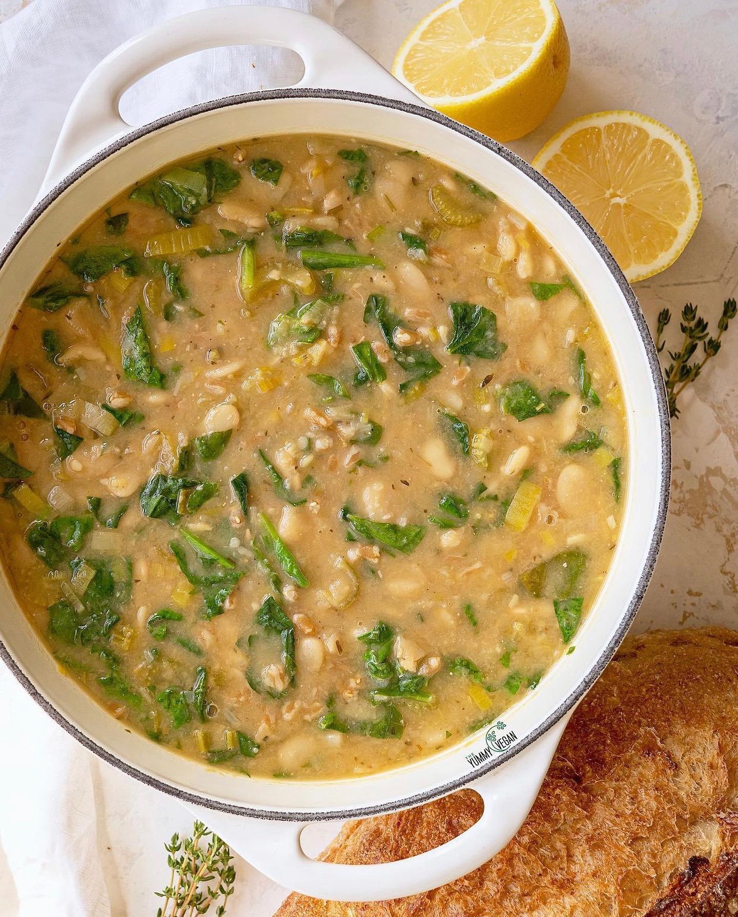 Creamy Butter Bean, Spinach & Farro Soup