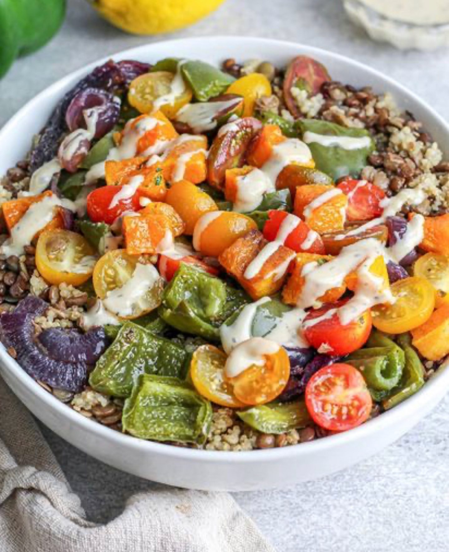 Roasted Vegetable Quinoa Bowl with Tahini Vinaigrette
