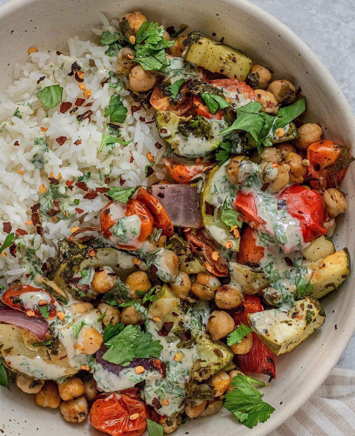 Garlic Herb Sheet Pan with Herby Tahini Dressing