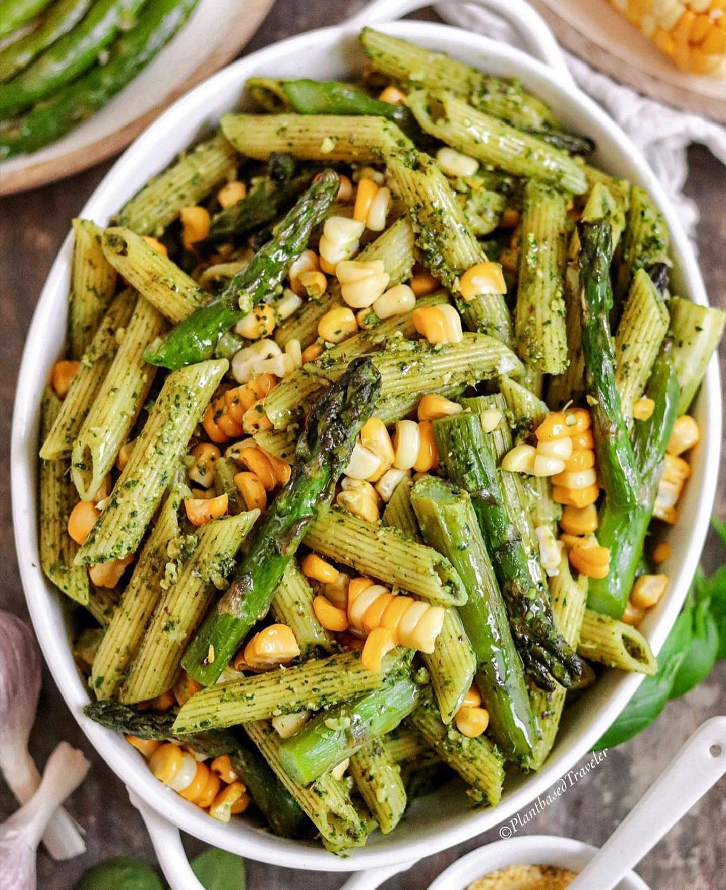 Roasted Corn and Asparagus Pesto Penne Pasta